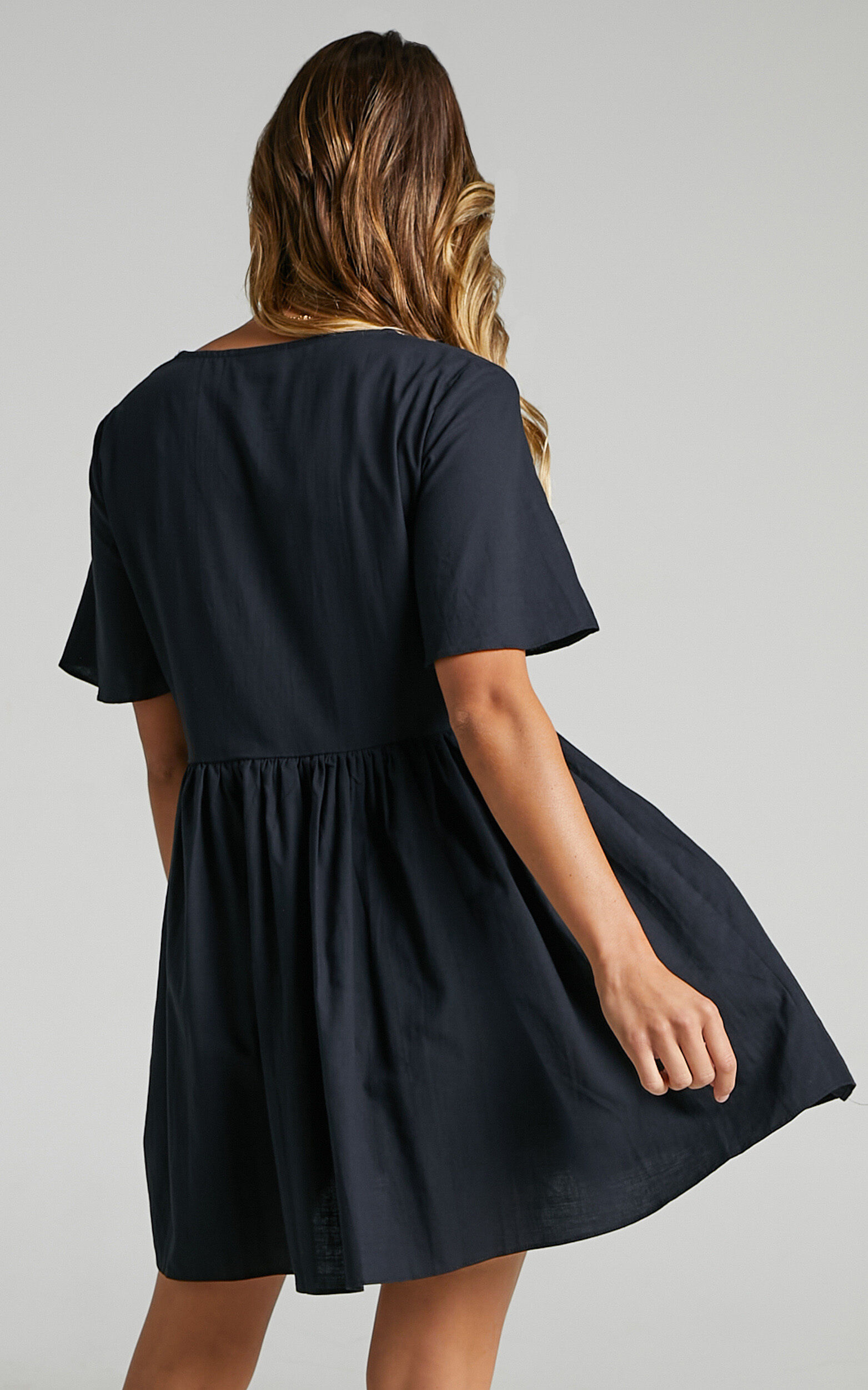 Staycation Mini Dress - Smock Button Up Dress in Black