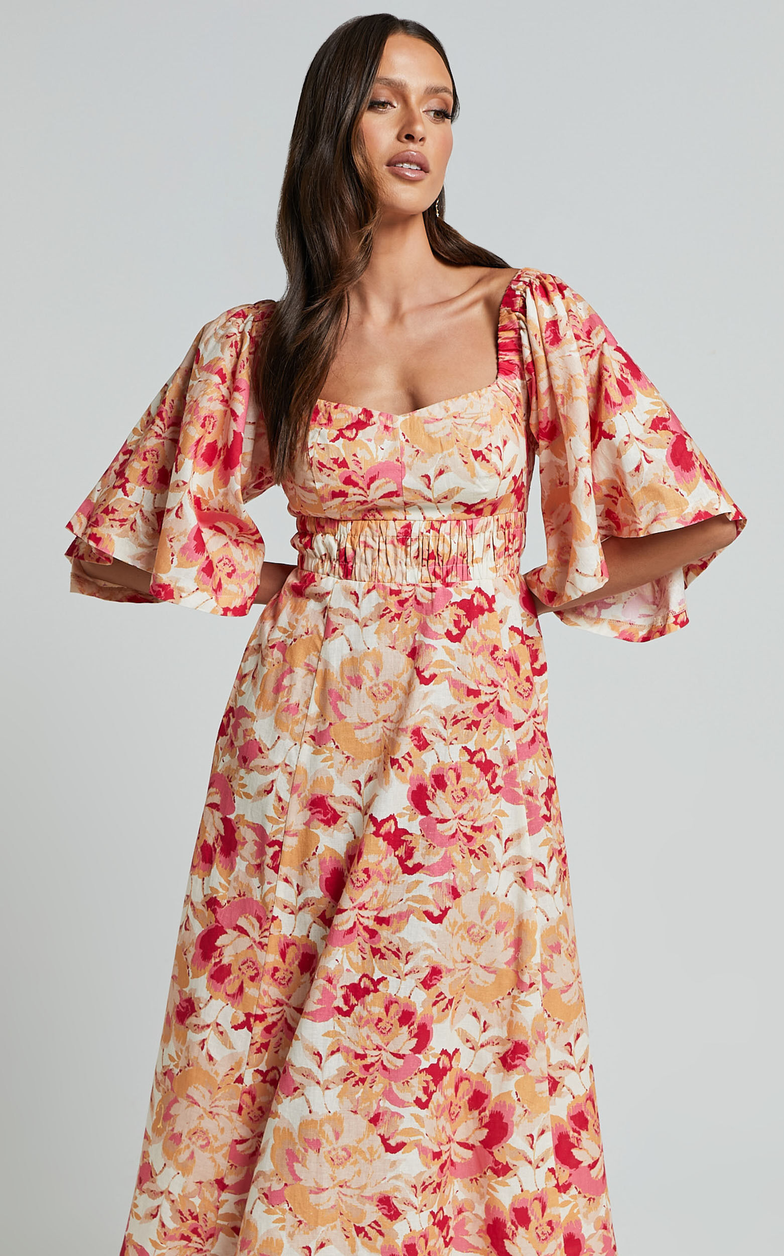 Amalie The Label - Thalia Linen Blend Puff Sleeve Midi Dress in Sienna Print