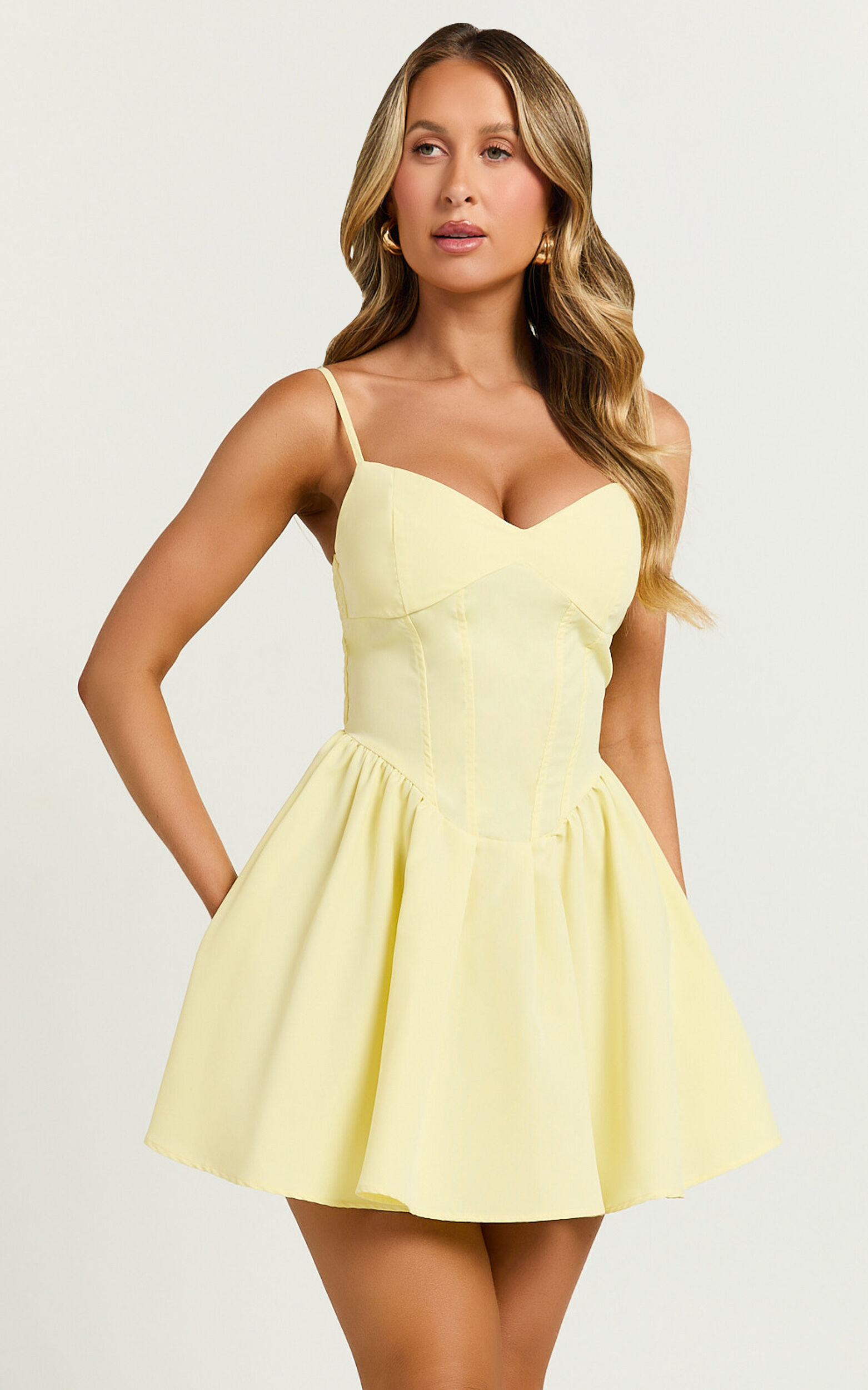 Delaila Mini Dress - Strappy Sweetheart Fit and Flare Dress in Lemon