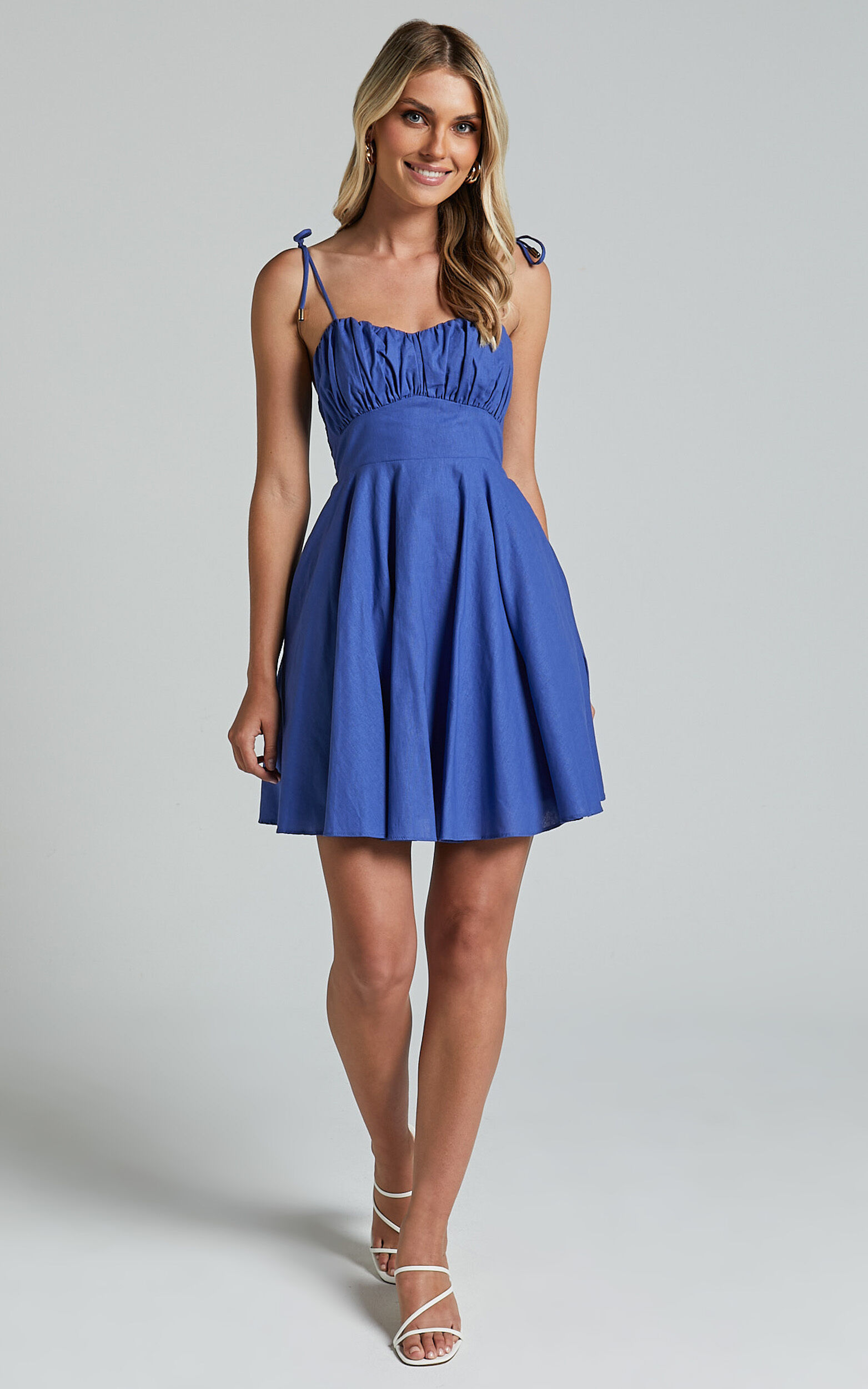 Leuven Mini Dress - Linen Look Empire Waist Dress in Blue