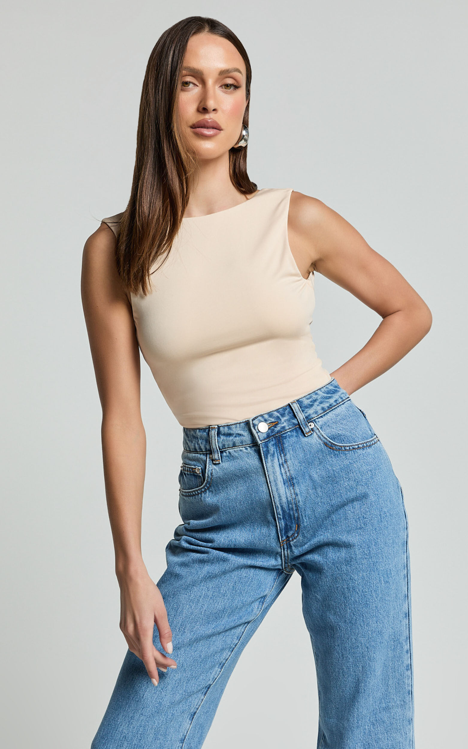 Ollie Bodysuit - Boat Neck Low Back Bodysuit in Stone