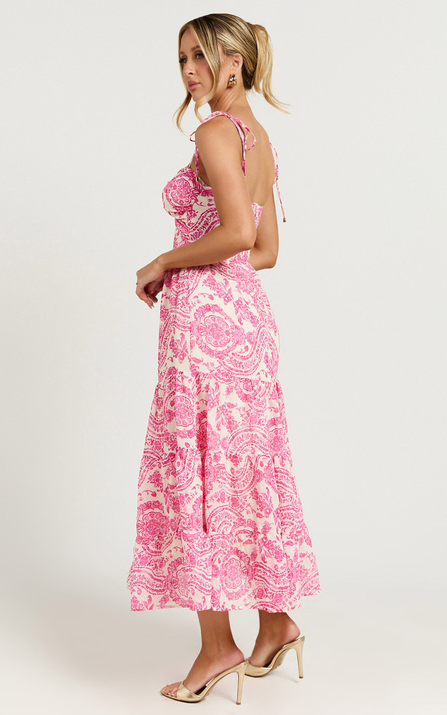 Esmeralda Midi Dress - Strappy Cut Out Tiered Dress in Pink Floral