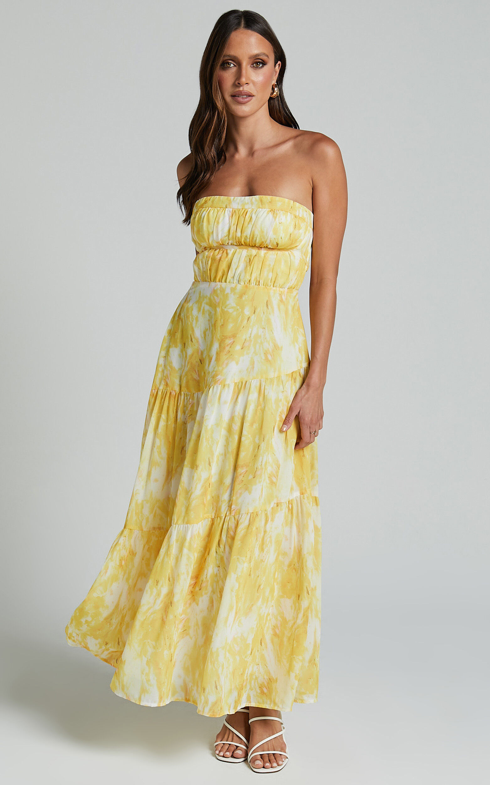 Cardelyn Midi Dress - Strapless Tiered Dress in Yellow Floral