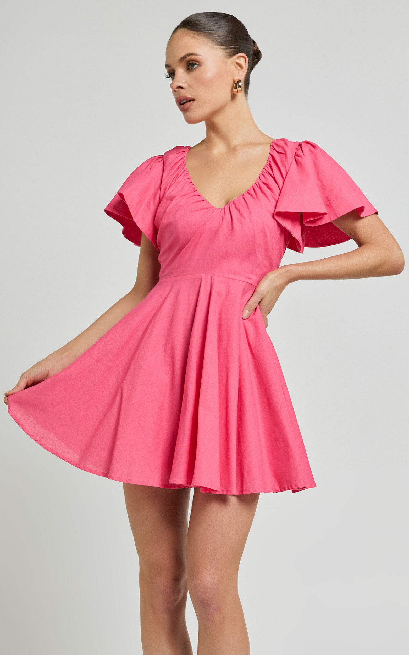 Carli Mini Dress - Linen Ruched Bodice Bell Sleeve Dress in Pink