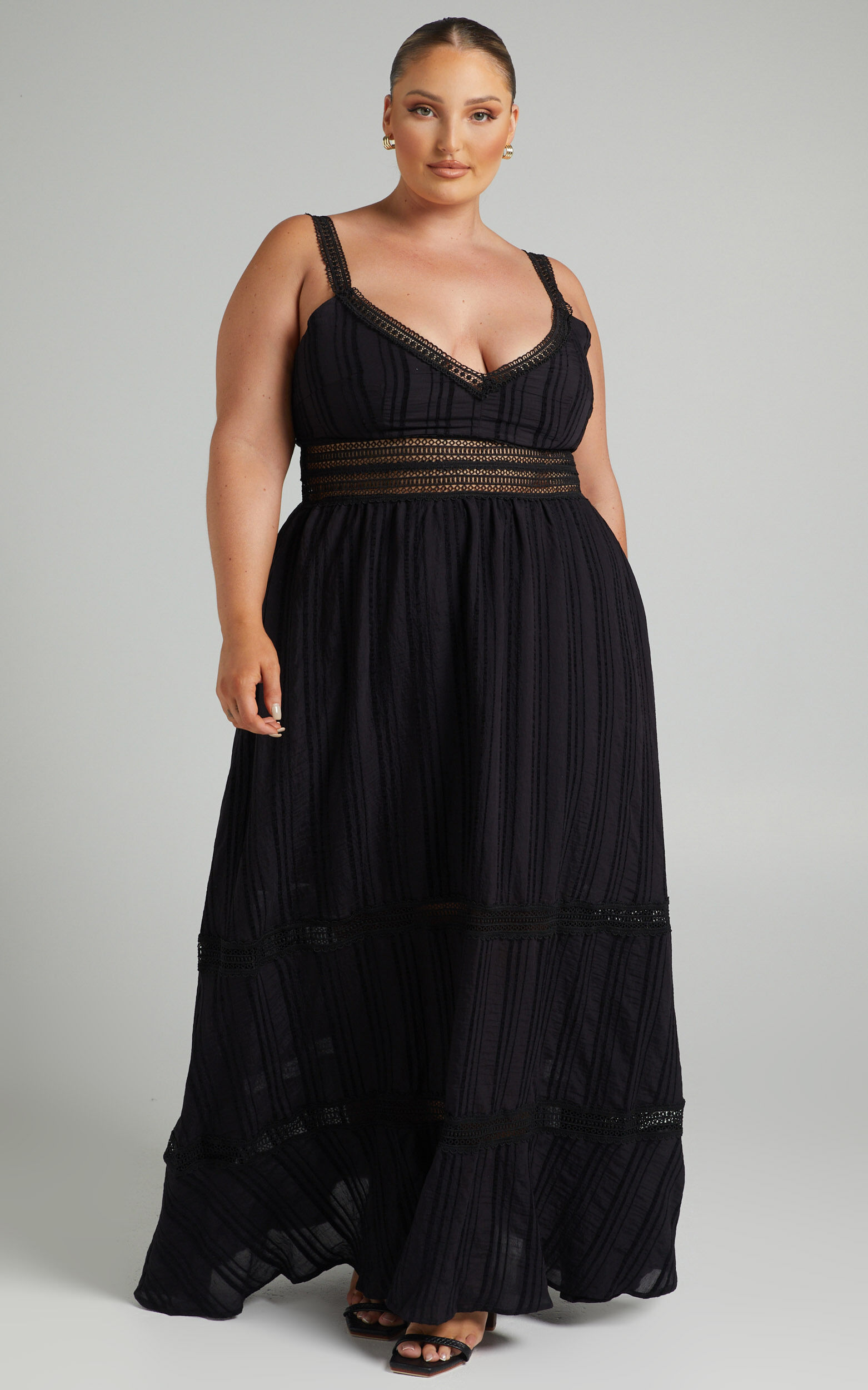 Angelique Maxi Dress - Lace Trim Dress in Black