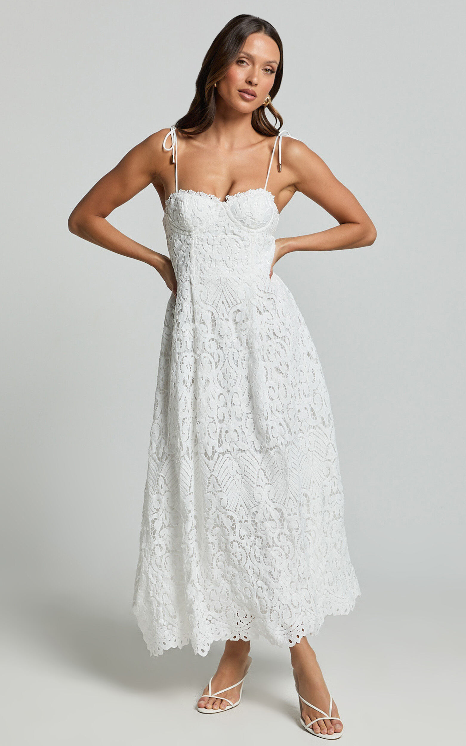 Leanne Midi Dress - Tie Shoulder Corset Lace Dress in White