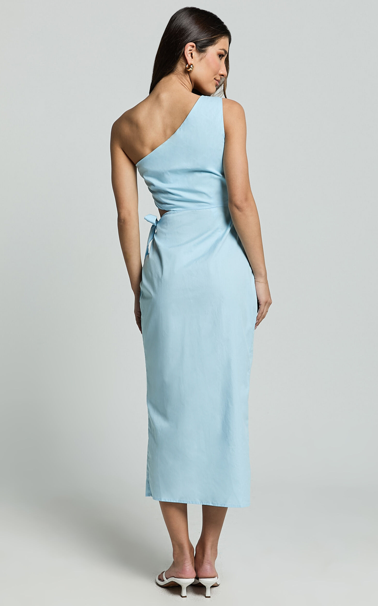 Rina Midi Dress - One Shoulder Side Cut Out Wrap Dress in Blue