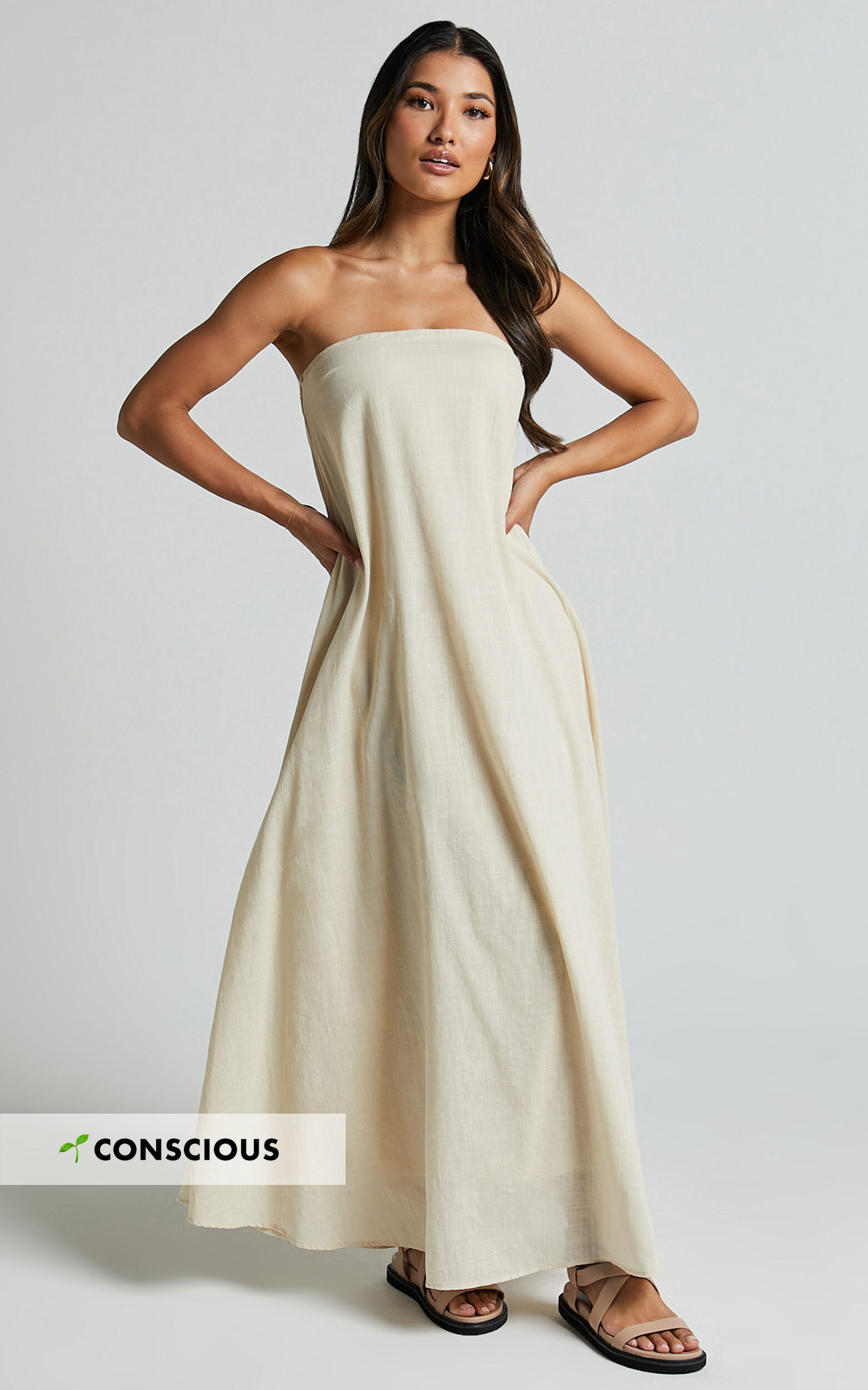 Adessa Maxi Linen Dress - Strapless A Line Dress in Beige