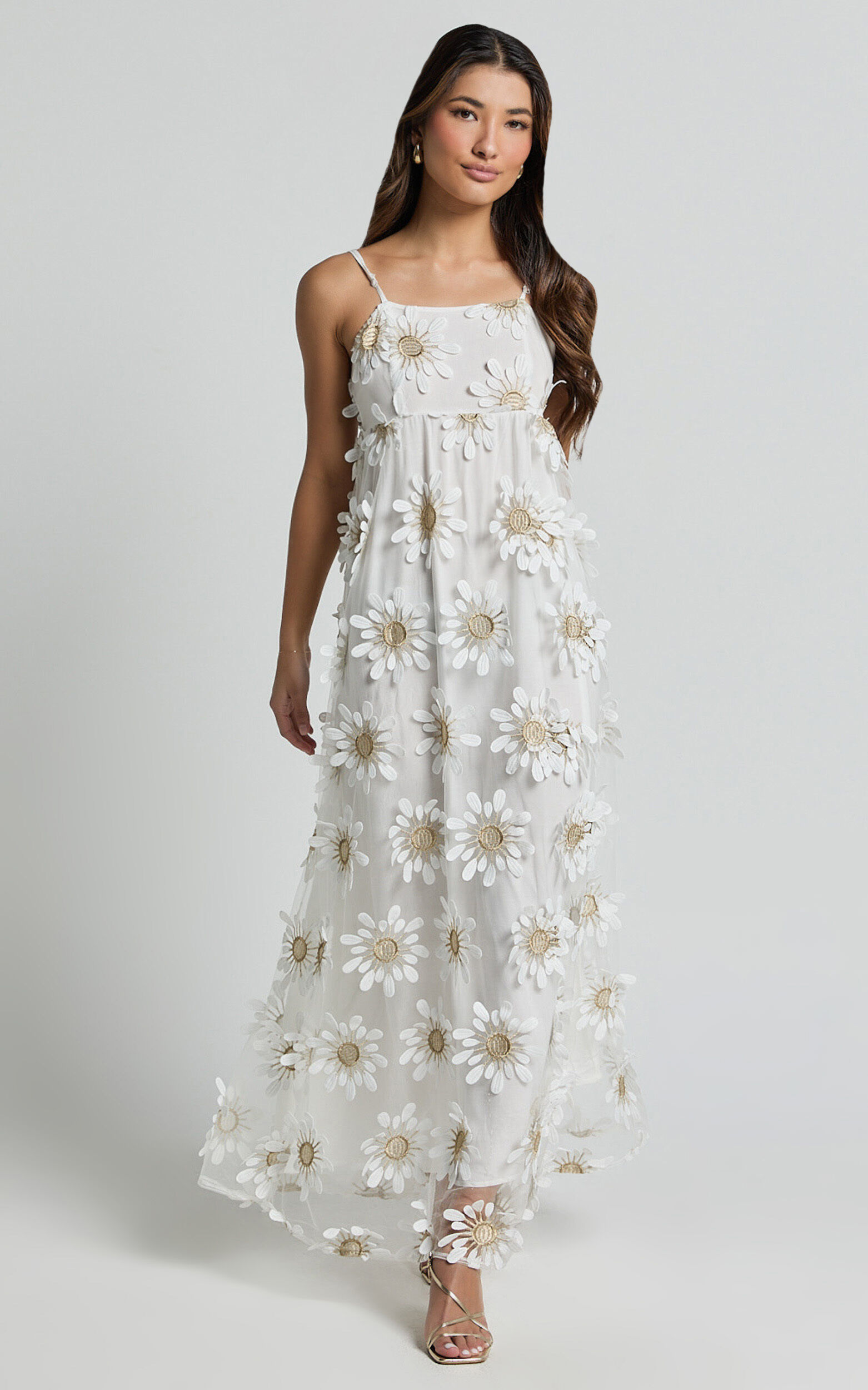 Candice Midi Dress - Straight Neck Floral Embroidery Detail Shift Dress in White