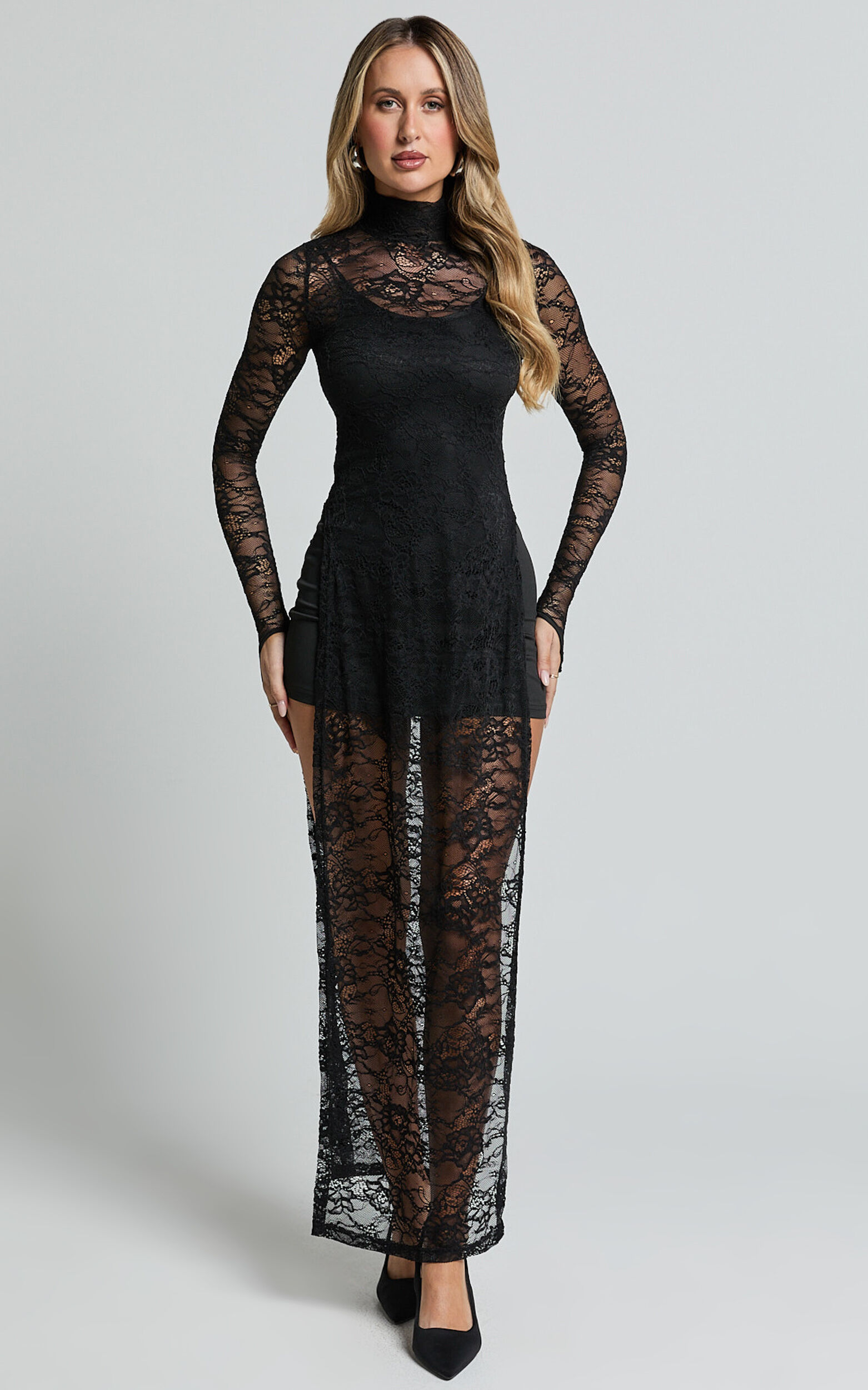 Yvette Midi Dress - High Neck Long Sleeve Slip Dress in Black