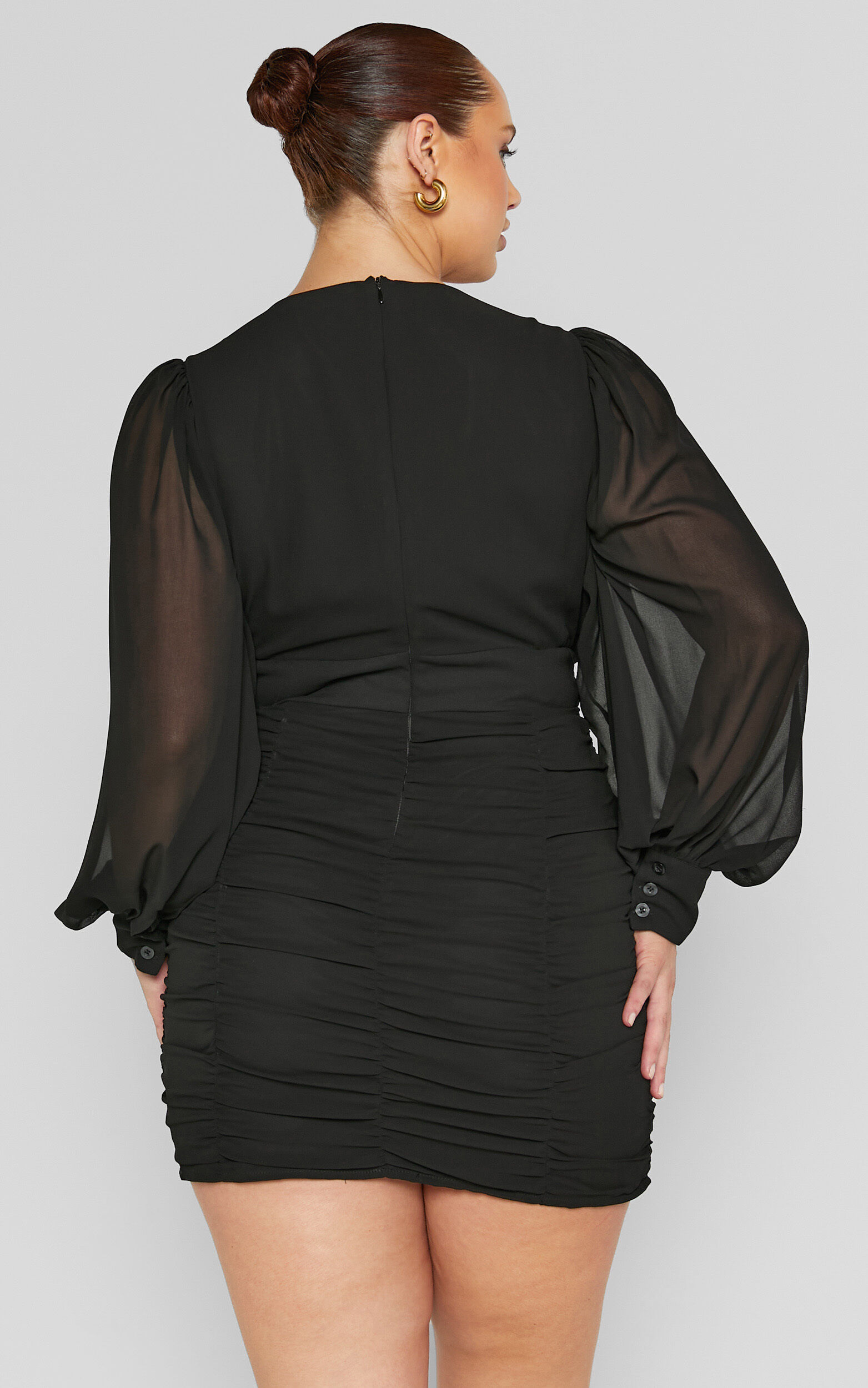 Hollis Mini Dress - Ruched Long Sleeve Plunge Neck Dress in Black