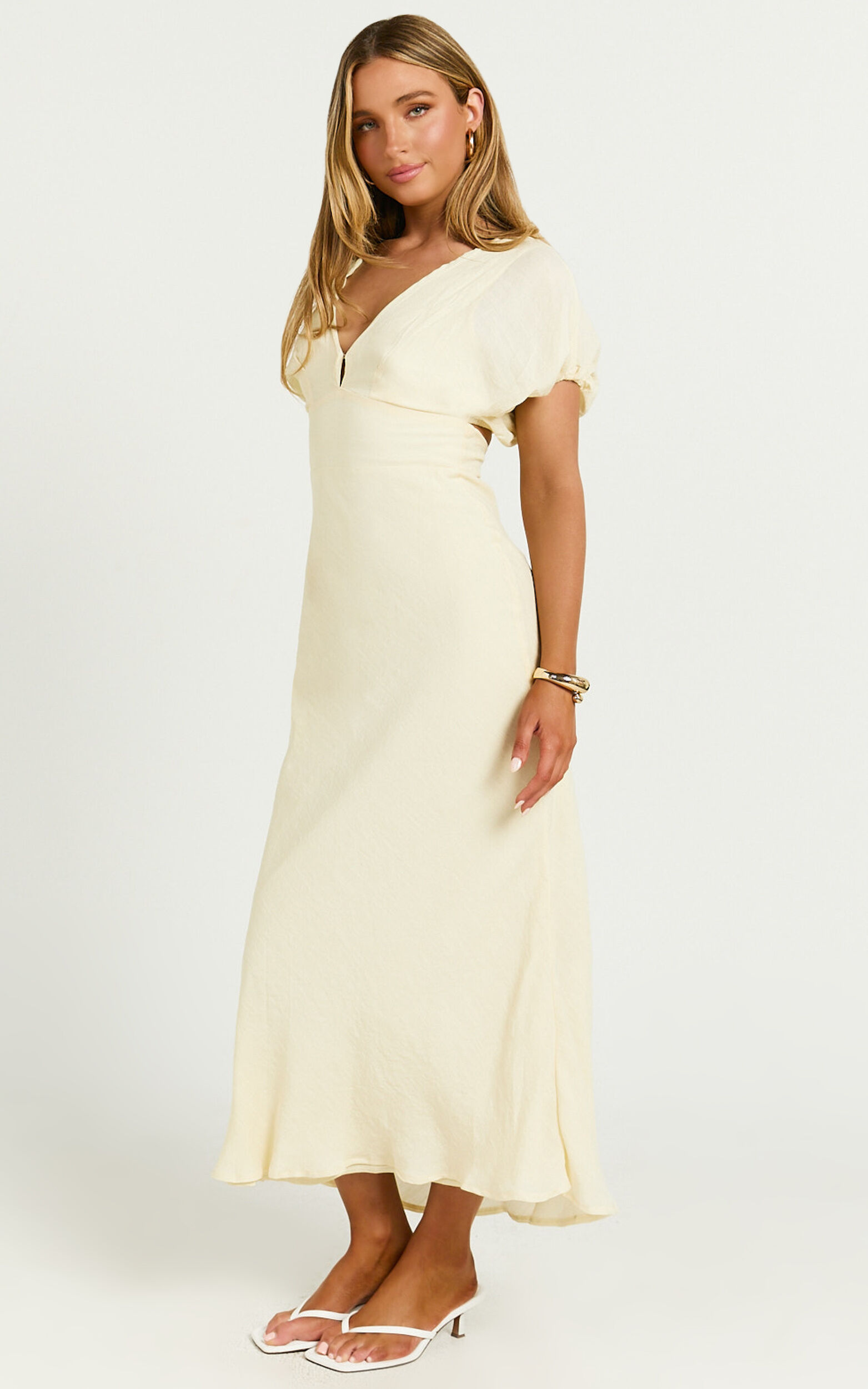 Desiree Midi Dress - V Neck Flutter Short Sleeve Slip Dress in Lemon