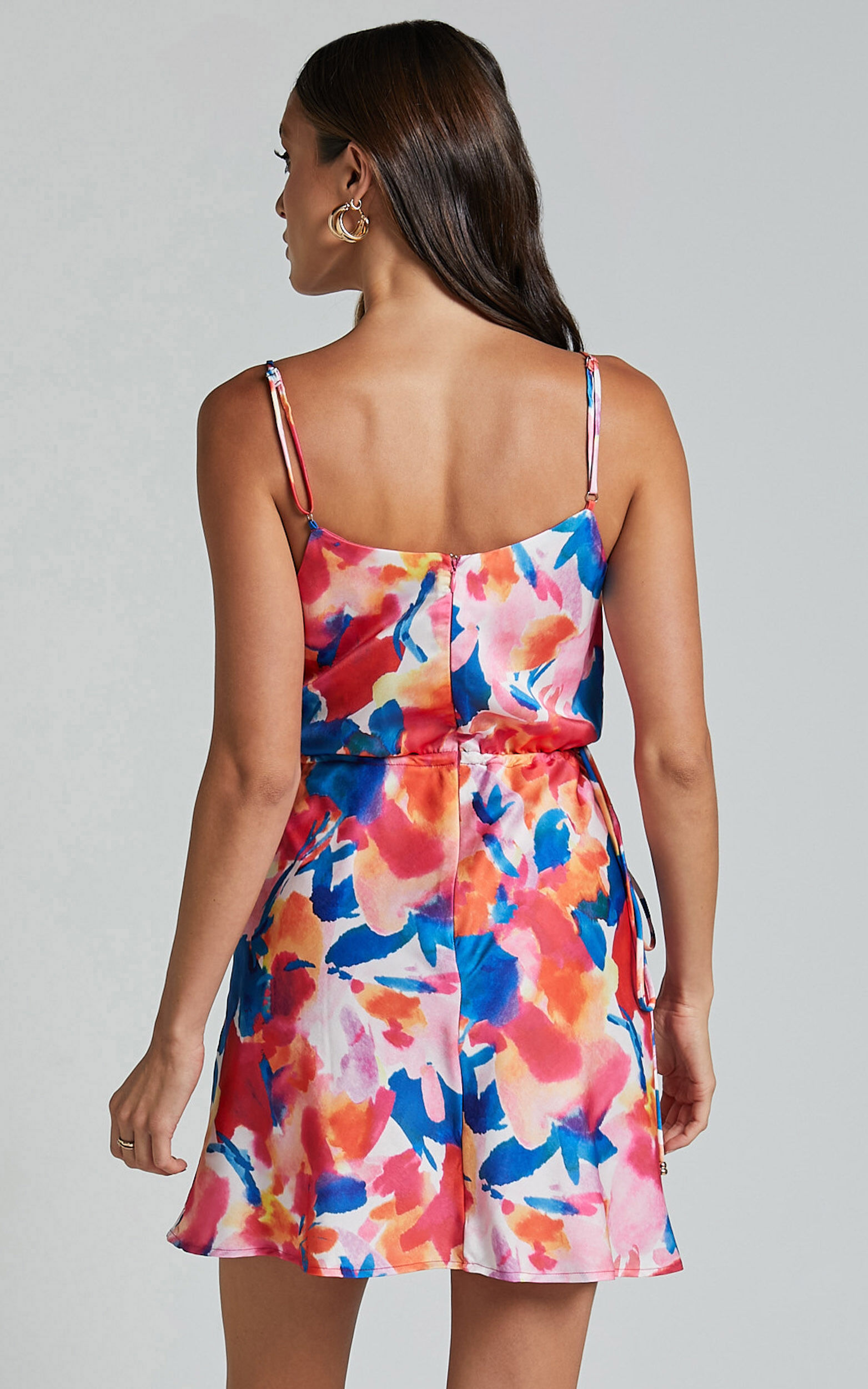Davian Mini Dress - Cowl Neck Strappy in Pink Floral