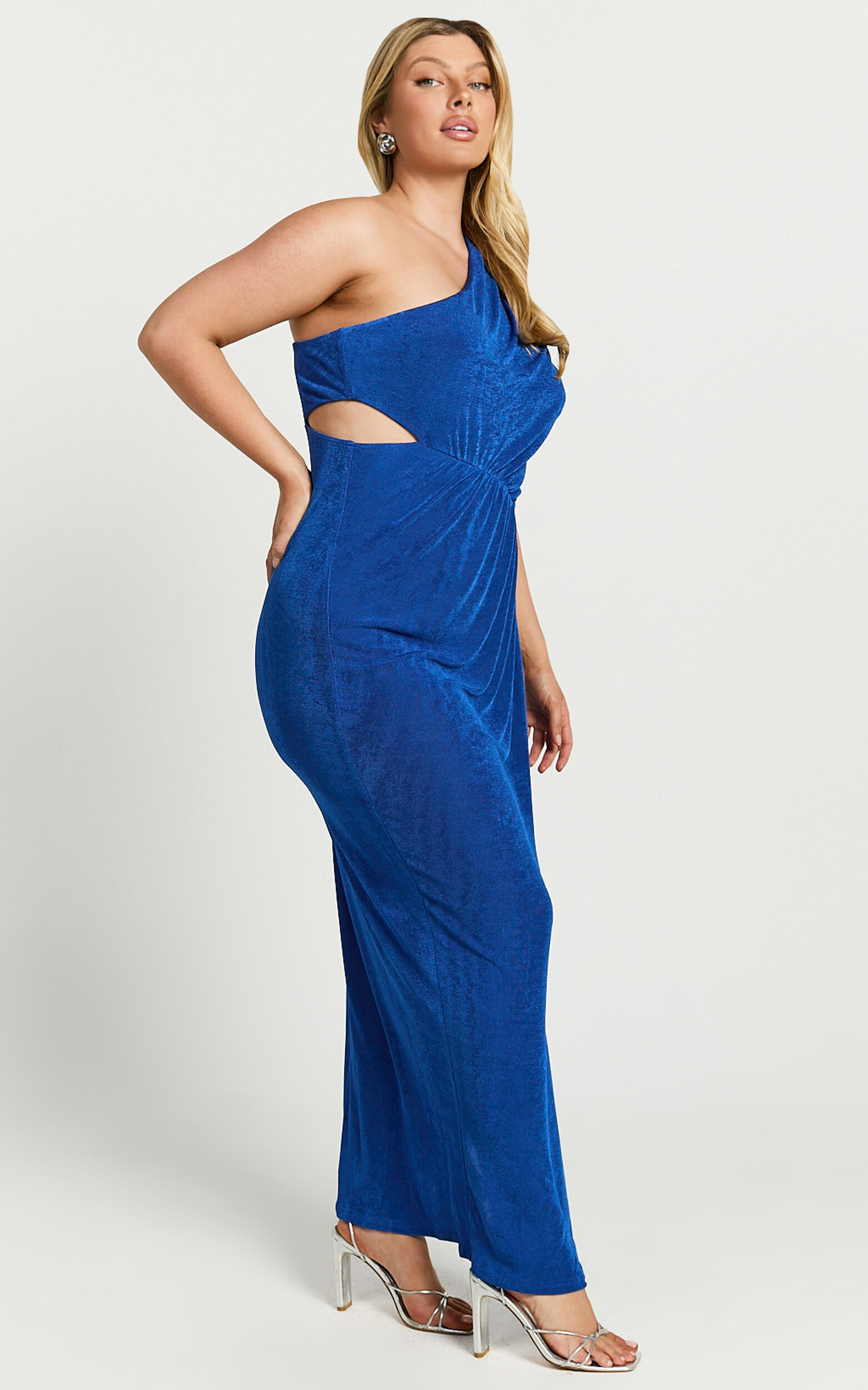 Cristle Midi Dress - One Shoulder Side Cut Out Thigh Split Dress in Cobalt