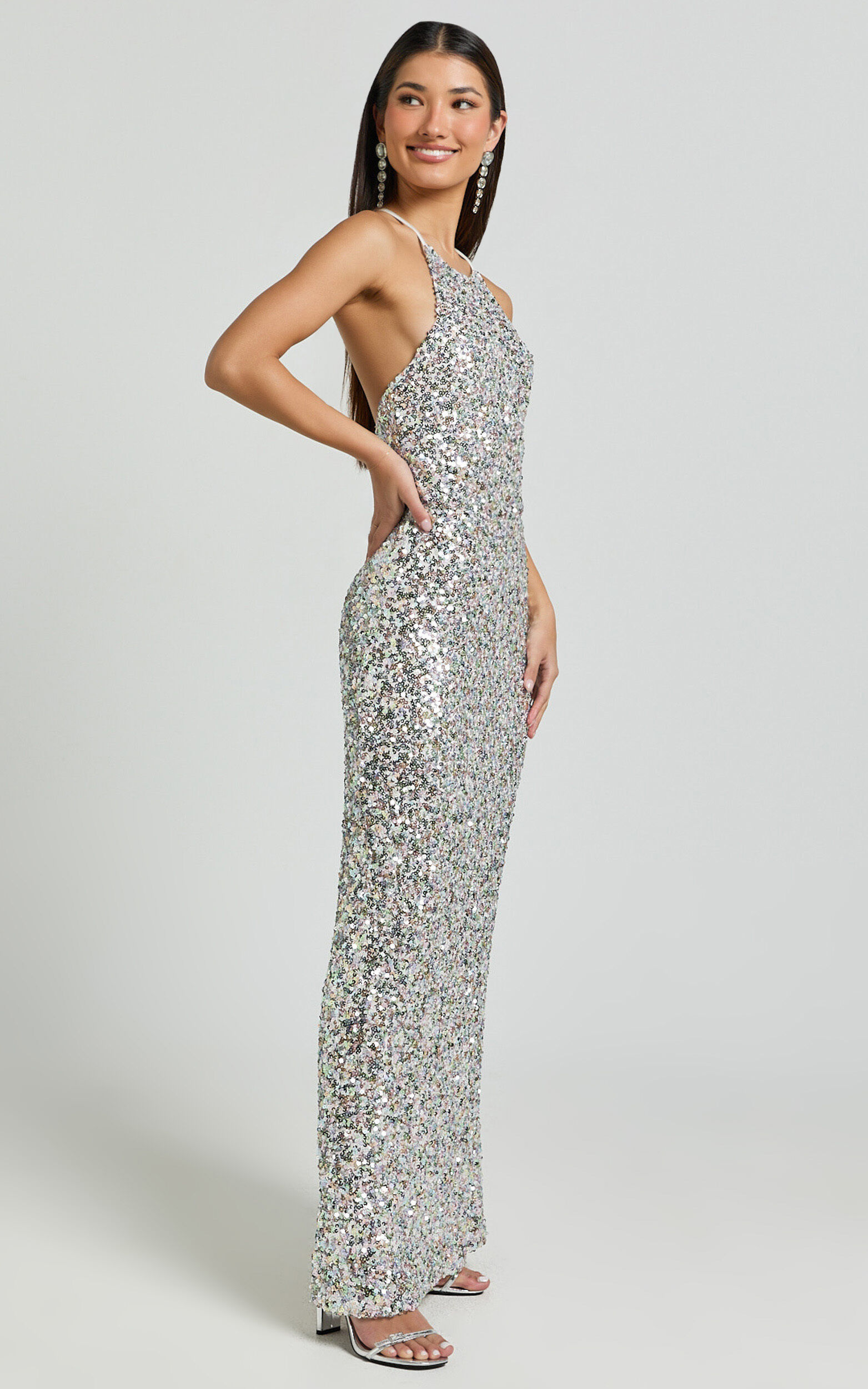 Frieda Maxi Dress - Halter Neck Cross Back Sequin Dress in Rainbow Silver