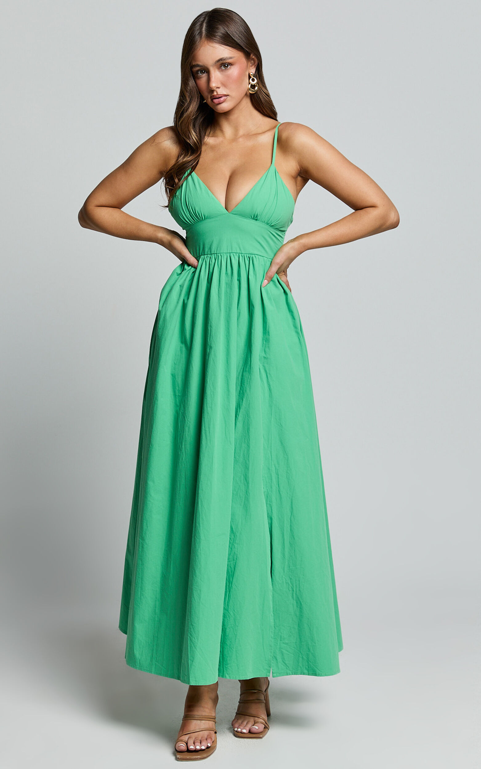 Haydie Maxi Dress - V Neck Thigh Split Dress in Green
