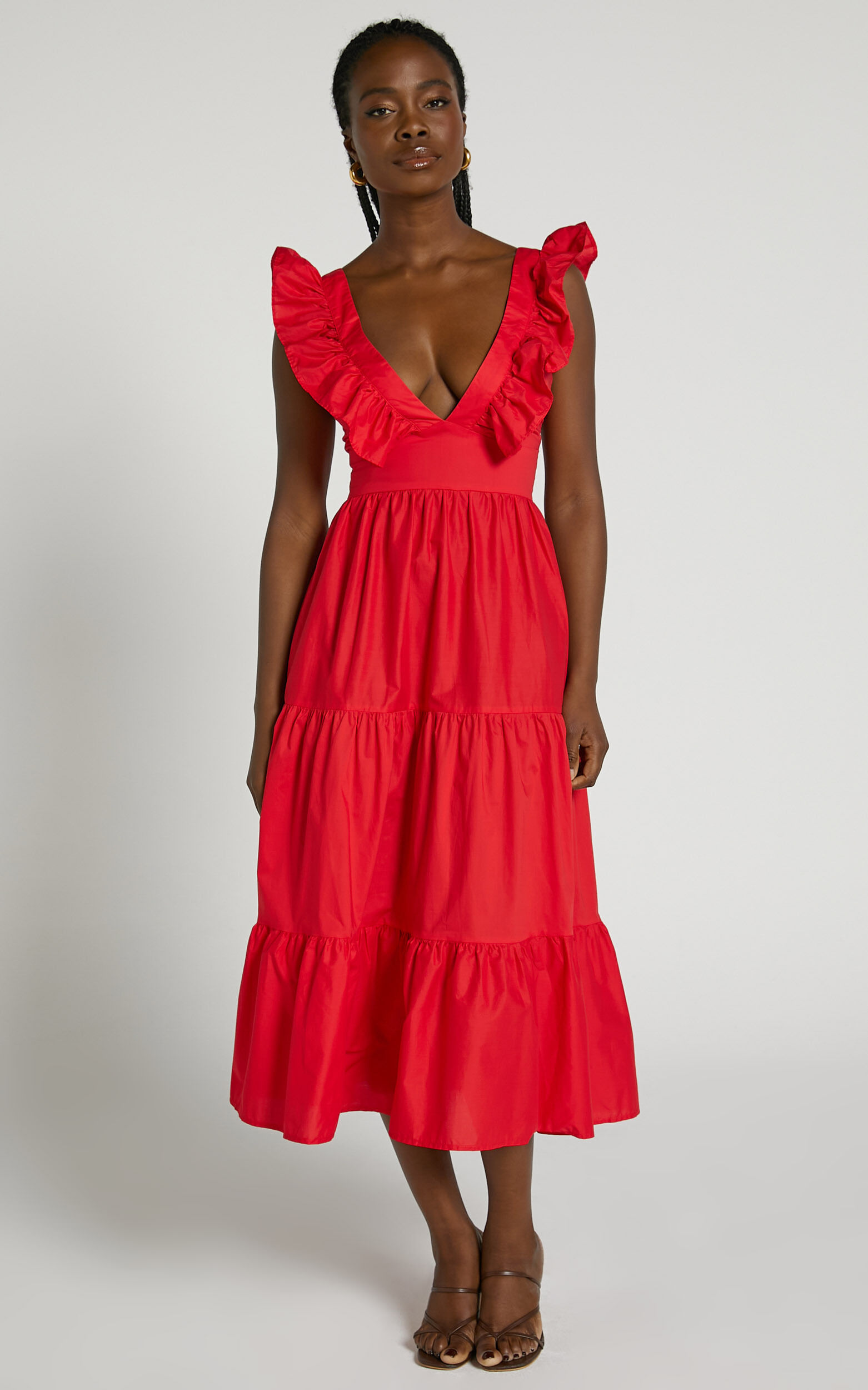 Levona Midi Dress - Ruffle Shoulder Tiered Dress in Cherry Tomato