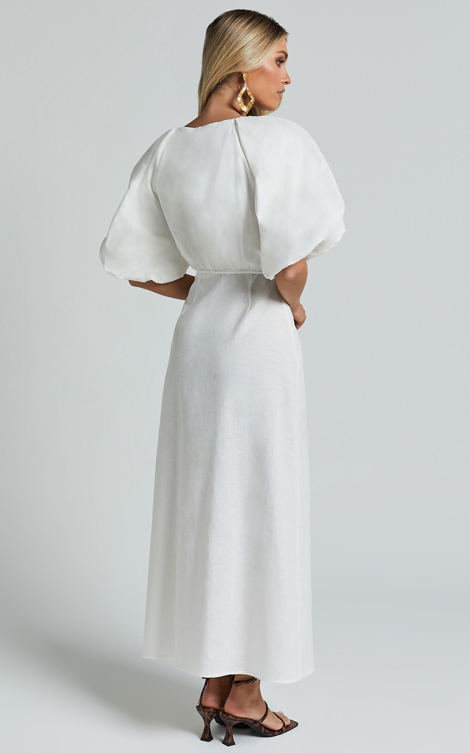 Amalie The Label - Santana Linen Blend Puff Sleeve Wrap Midi Dress in White
