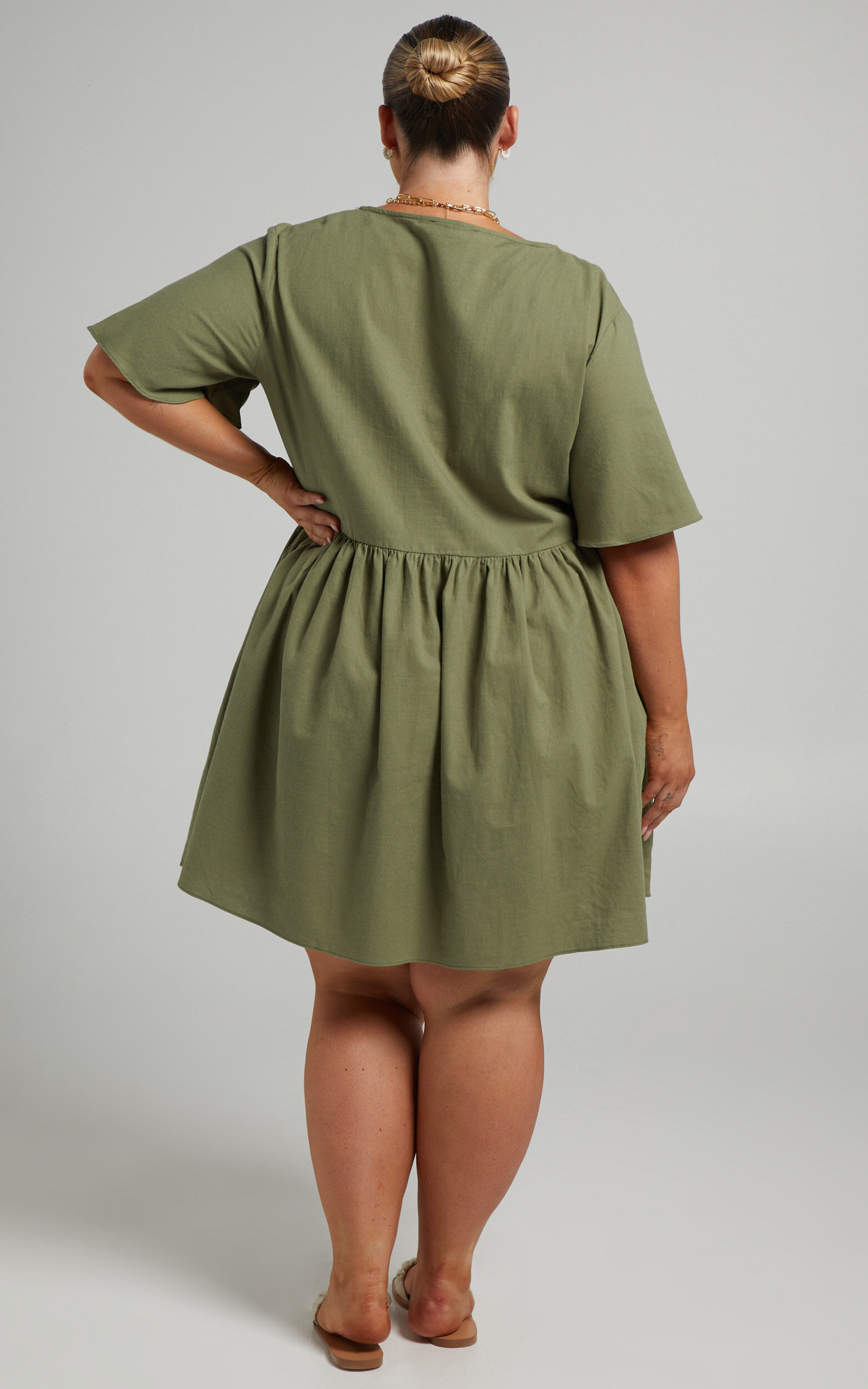 Staycation Mini Dress - Smock Button Up Dress in Khaki