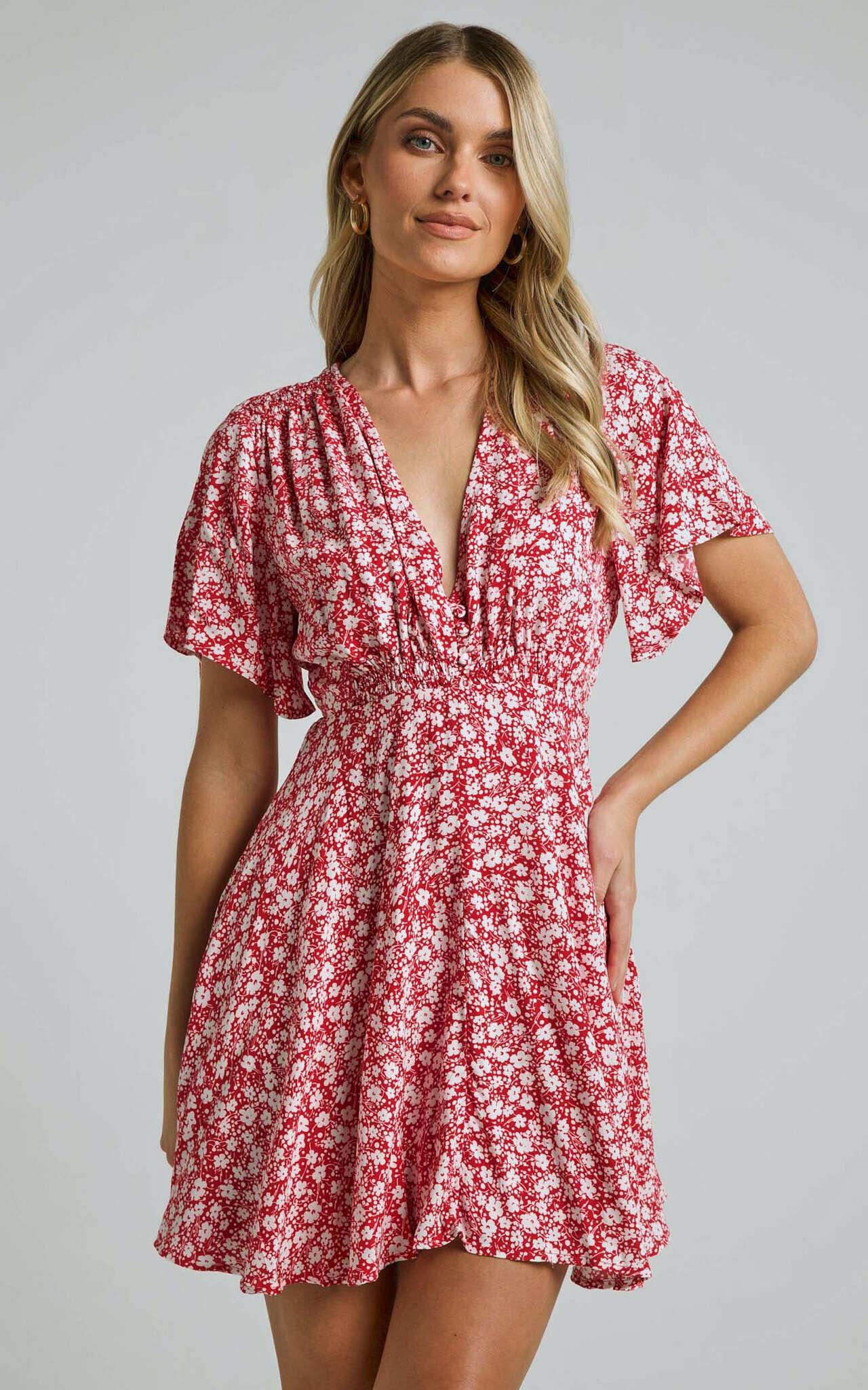 Kharry Mini Dress - Button Through Short Flutter Sleeve Waist Tie in Red Floral