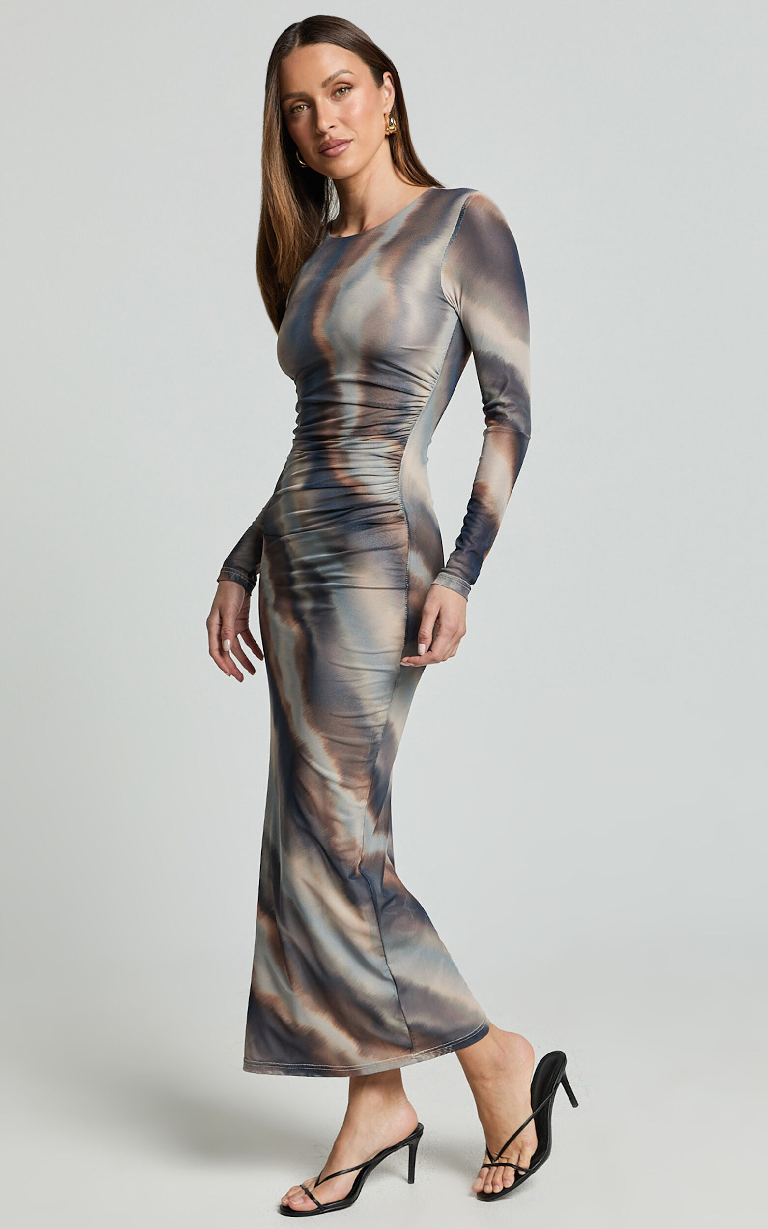 Zyra Midi Dress - High Neck Long Sleeve Mesh Dress in Neutral Stripe