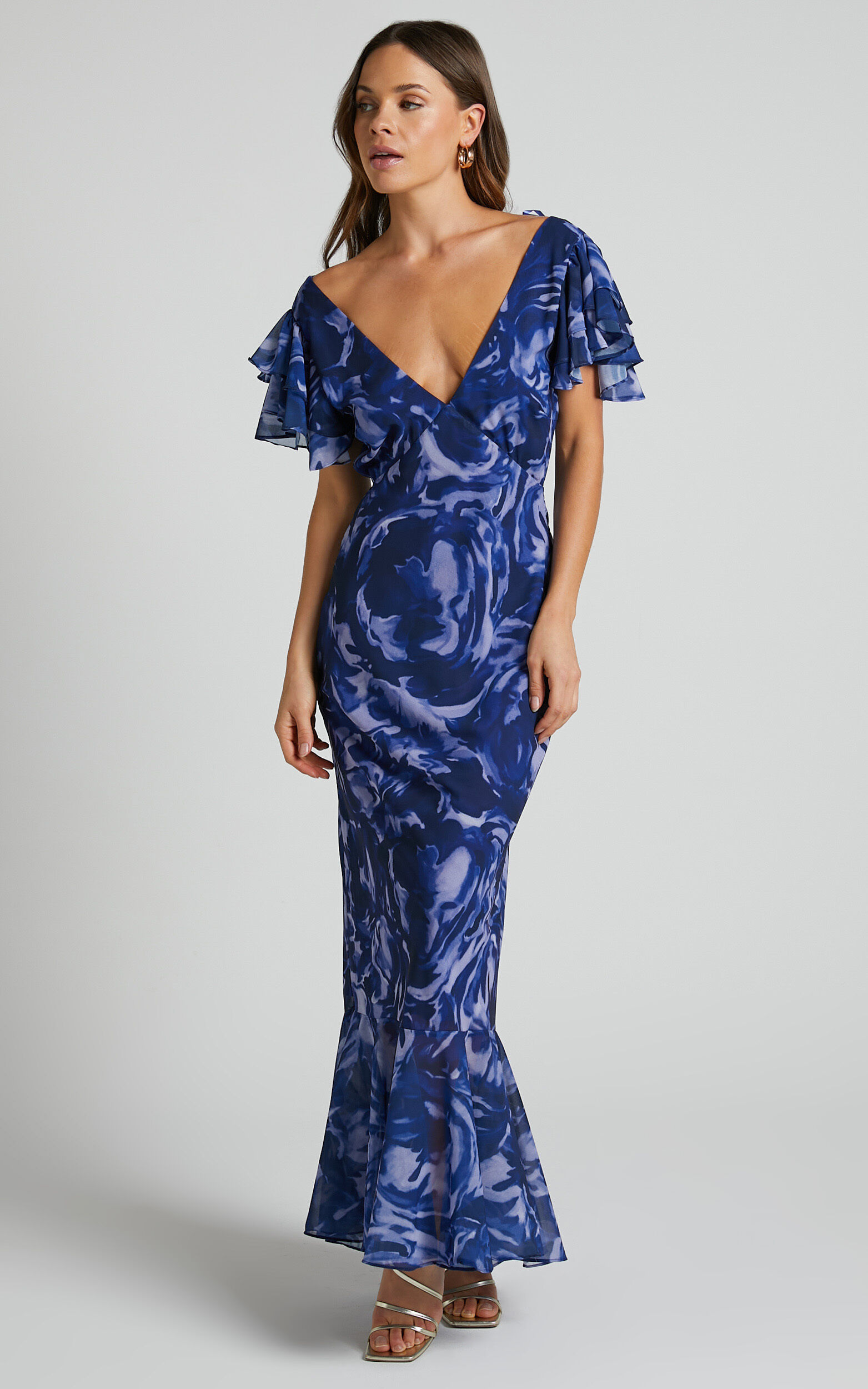 Dylana Midi Dress - V Neck Flutter Sleeve Dress in Navy Swirl