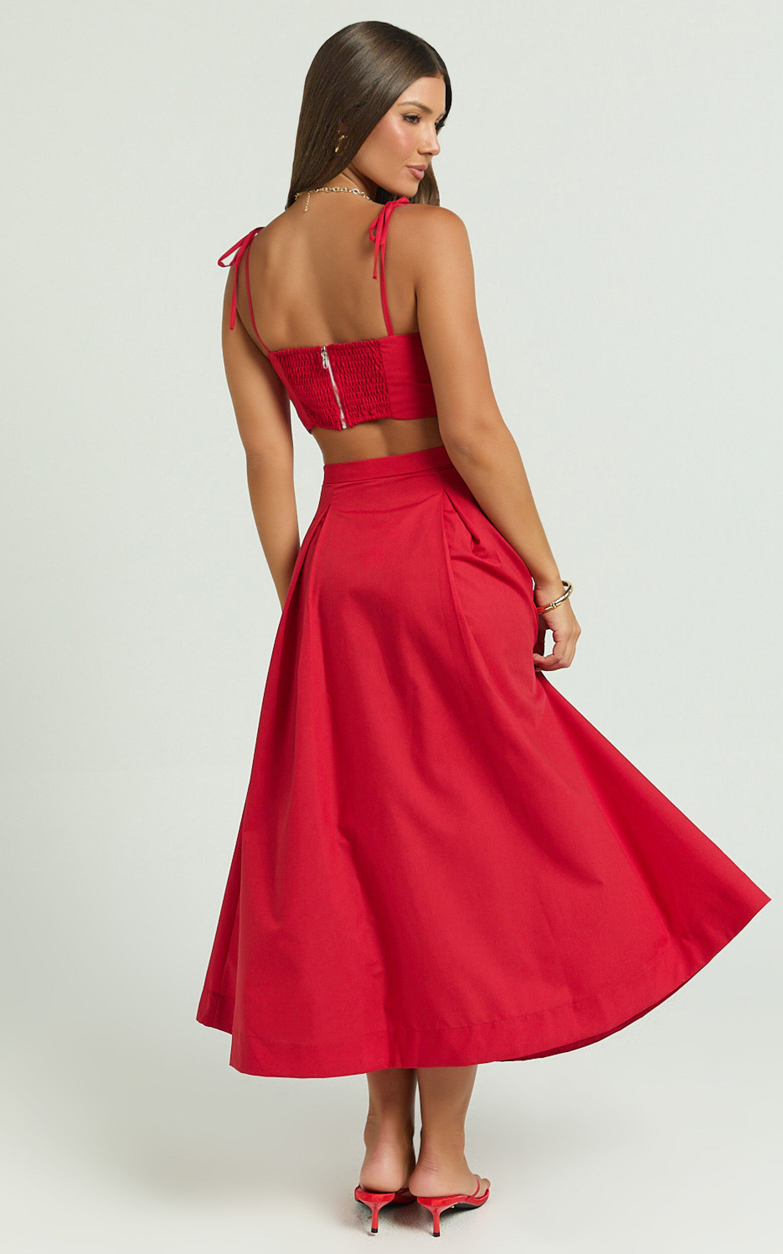 Rosalee Two Piece Set - Strappy Crop Top and High Waisted A Line Midi Skirt Set in Red
