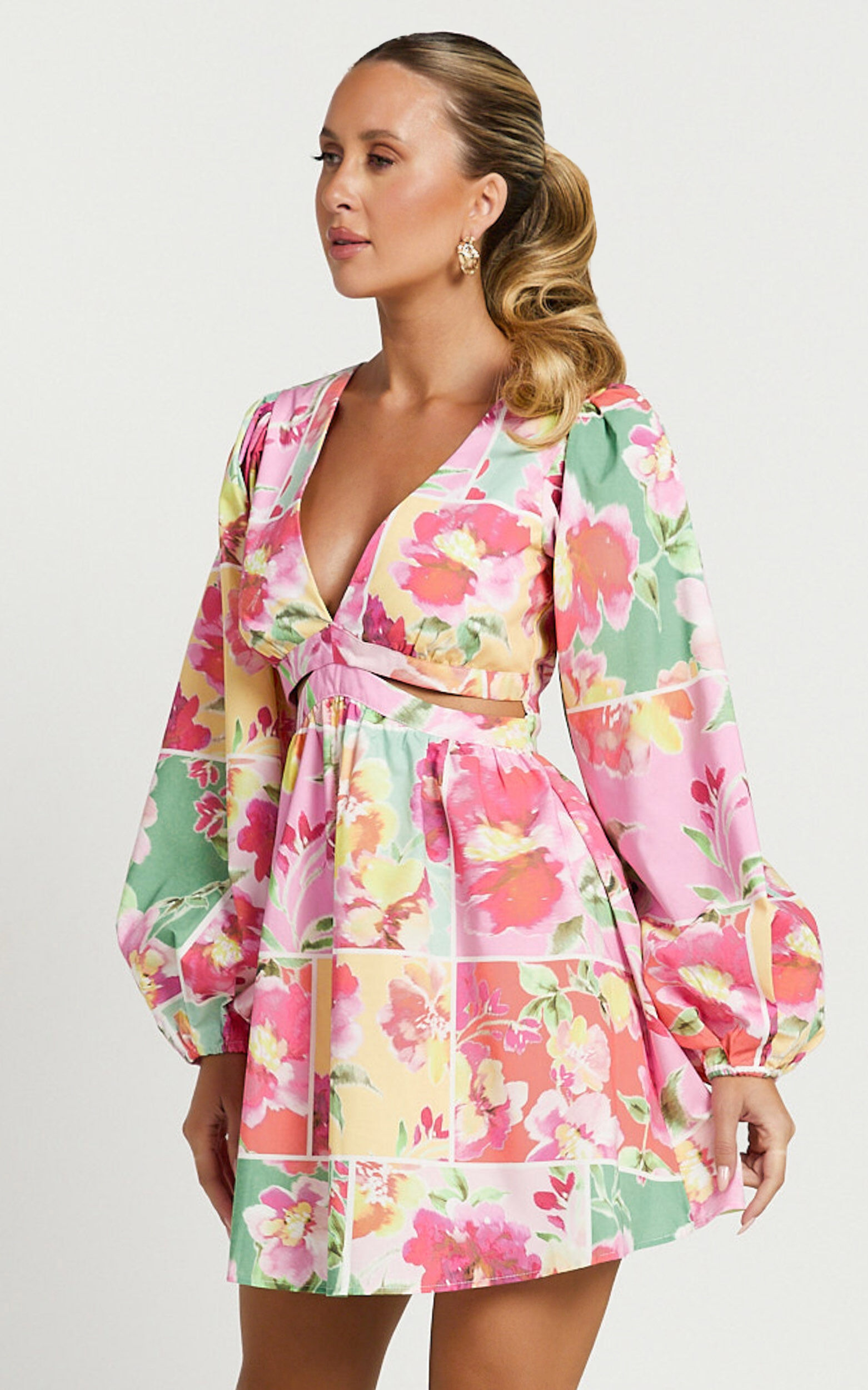 Emily Mini Dress - V Neck Long Sleeve Cut Out Dress in Blurred Patchwork Floral