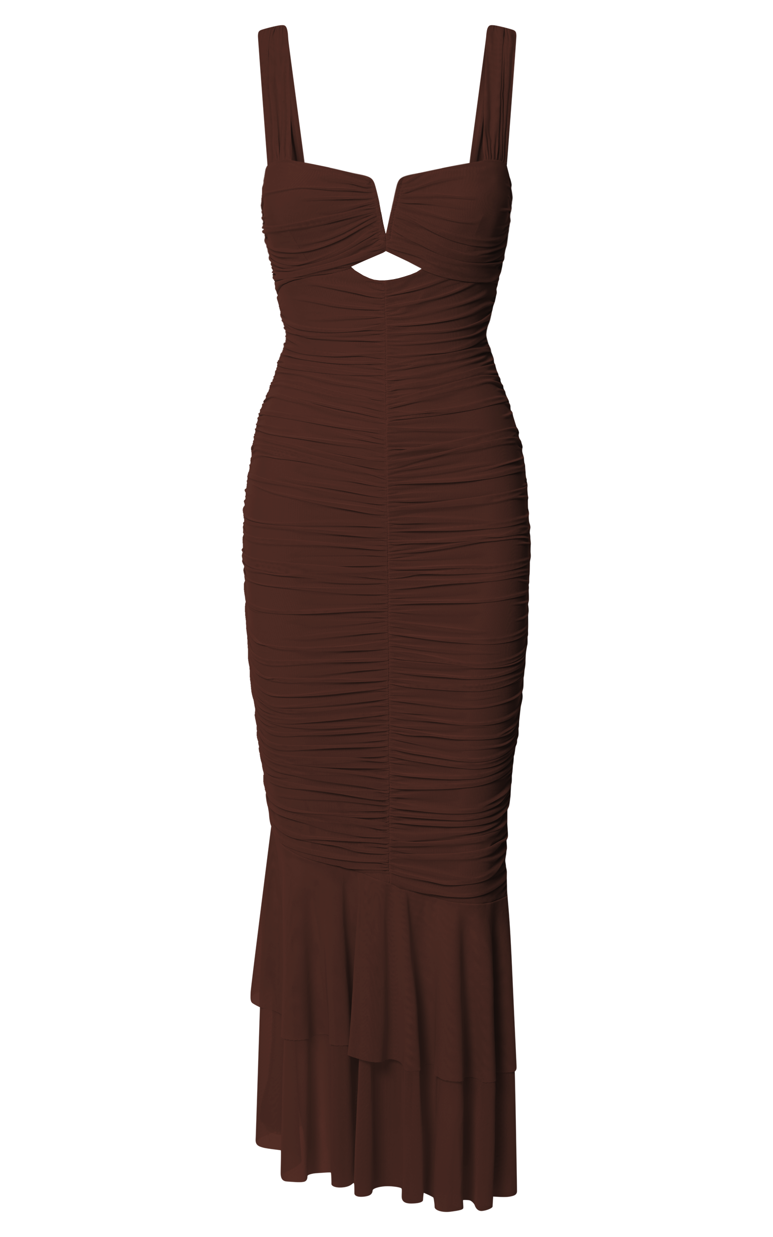 Kody Midi Dress - Bodycon Ruched Mesh Cut Out Dress in Chocolate