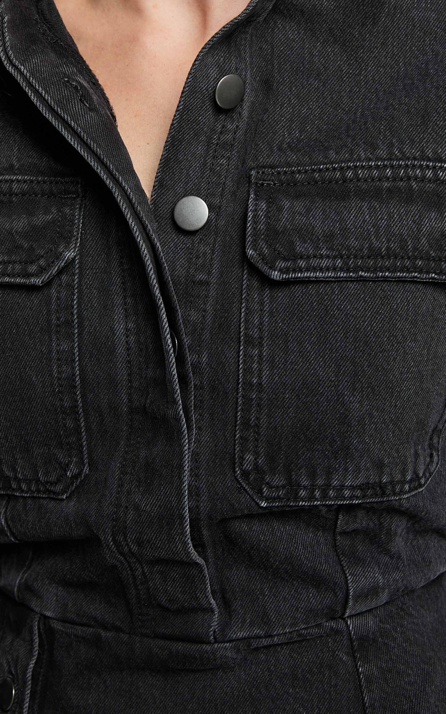 Ainsley Mini Dress - Button Through Long Sleeve Denim Dress in Washed Black