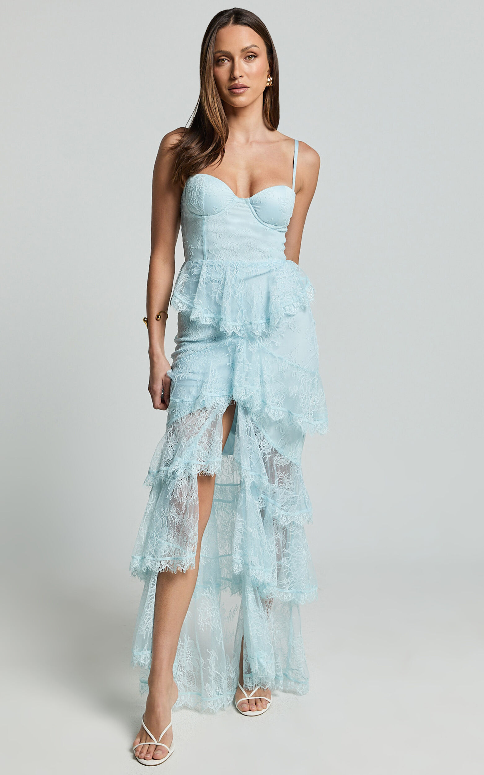 Merrick Maxi Dress - Sweetheart Corset Front Tiered Maxi Dress in Ice Blue