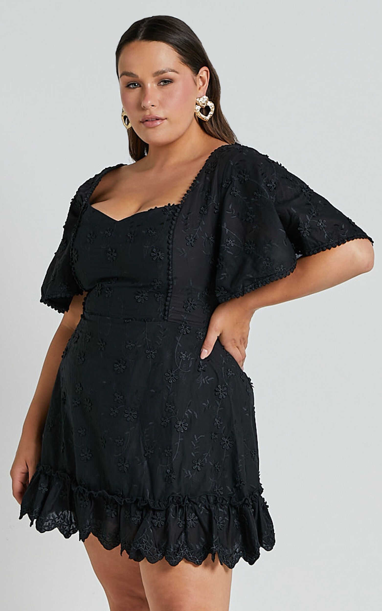 Fancy A Spritz Mini Dress - Square Neck Dress in Black Embroidery