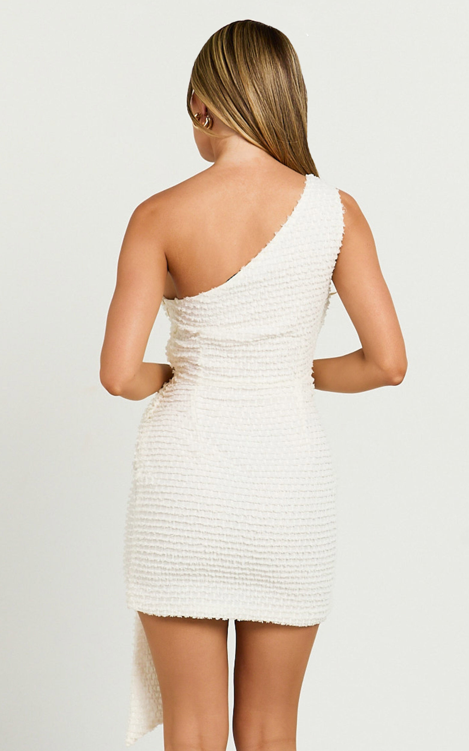 Elisa Mini Dress - One Shoulder Wrap Skirt Bow Detail Dress in Cream