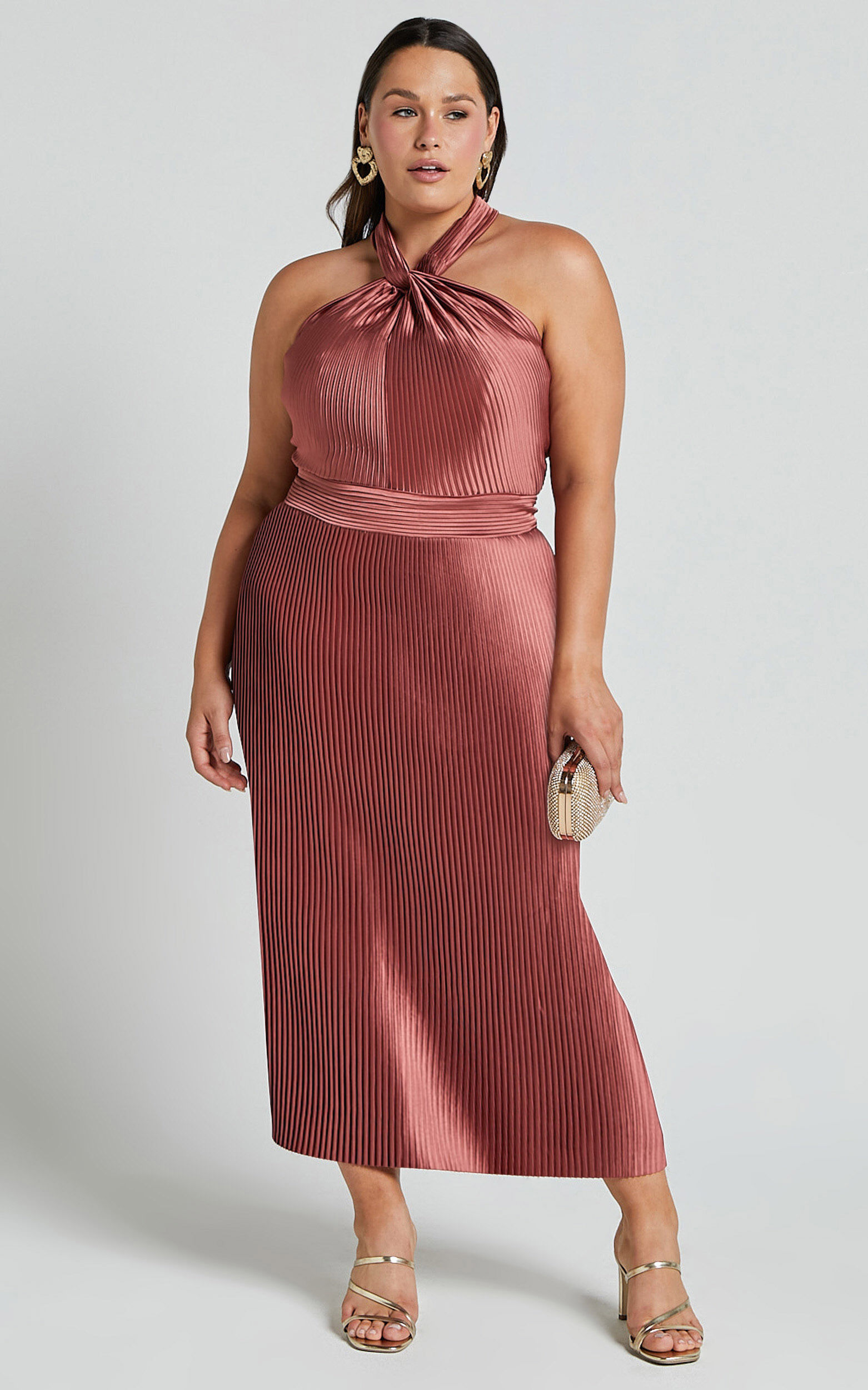 Marlette Midi Dress - Pleated Open Back Halter Dress in Rust