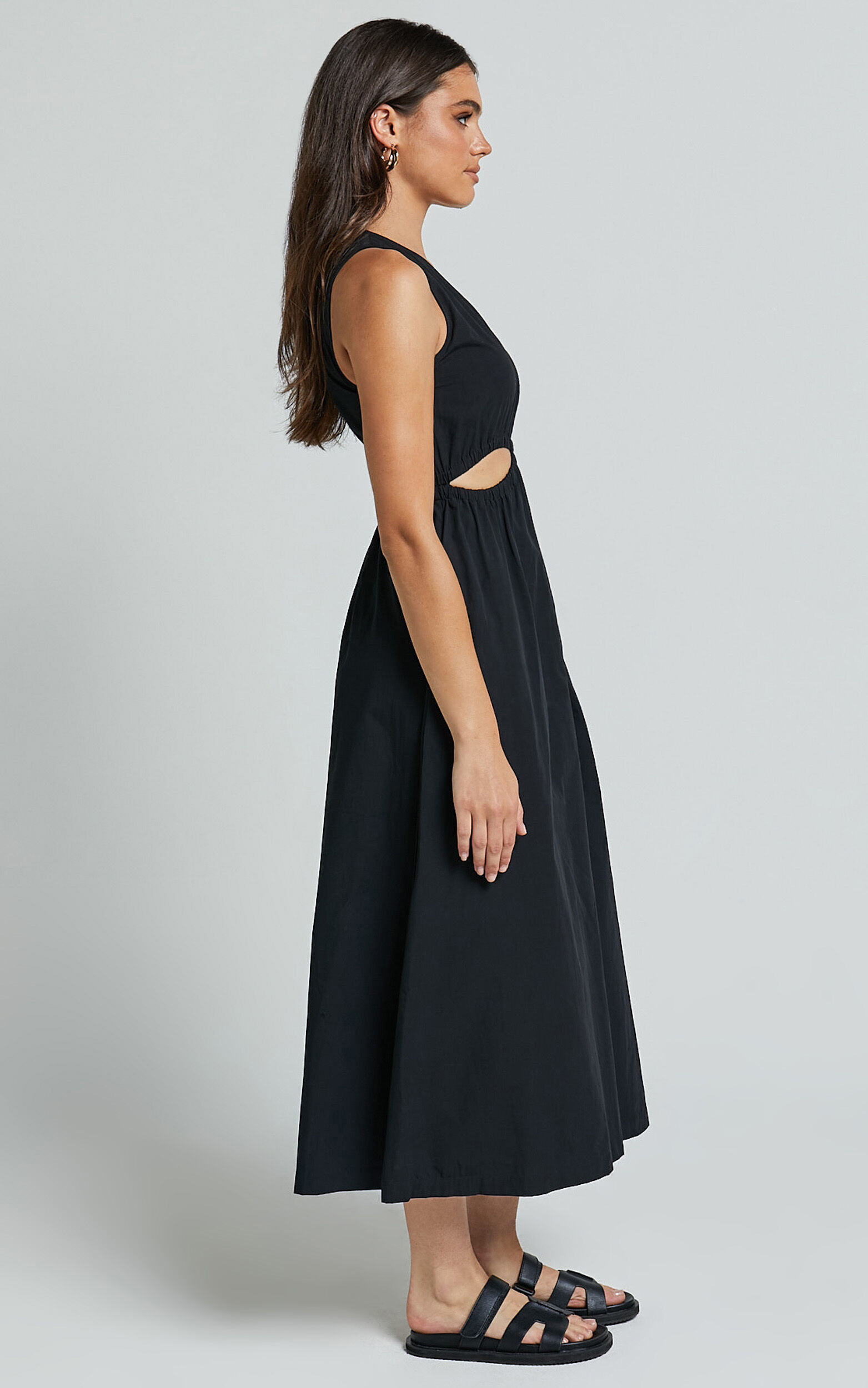 Celiana Midi Dress - Plunge Elastic Waist Cut Out Sleeveless A Line Dress in Black