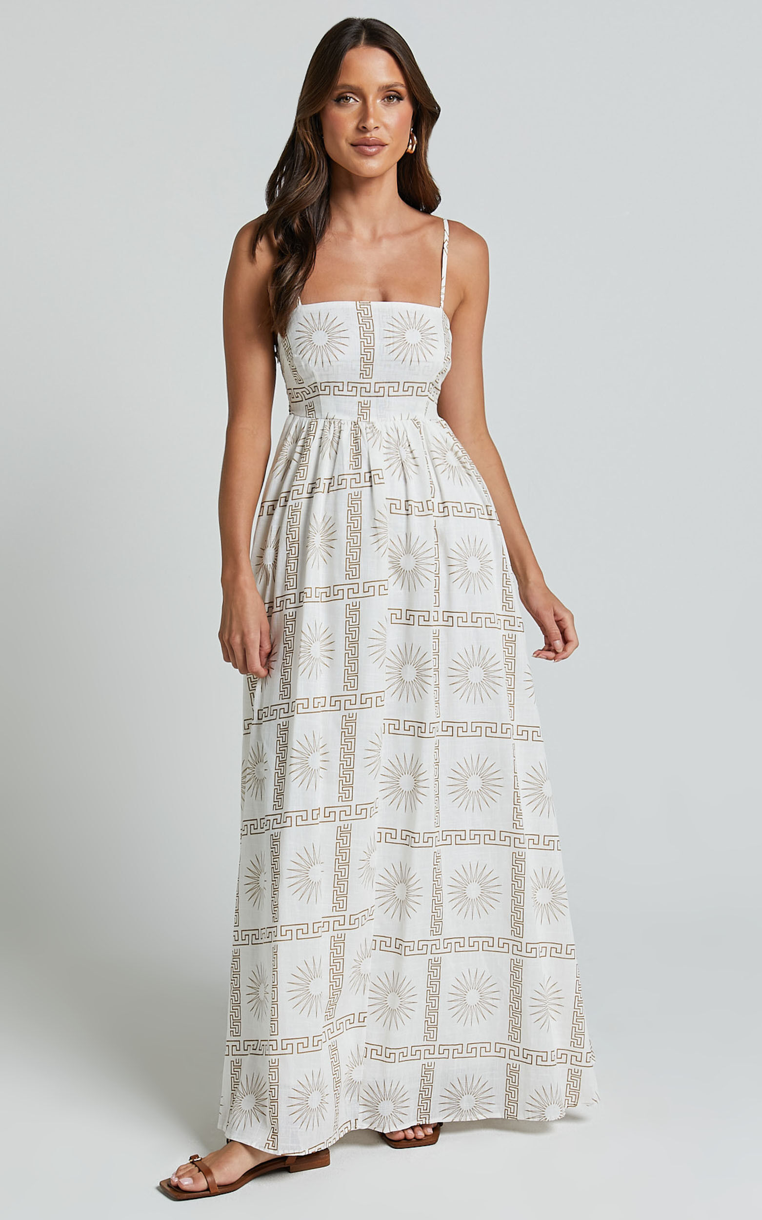 Abbey Maxi Linen Dress - Strappy Straight Neck A Line Dress in White & Brown Sun Print