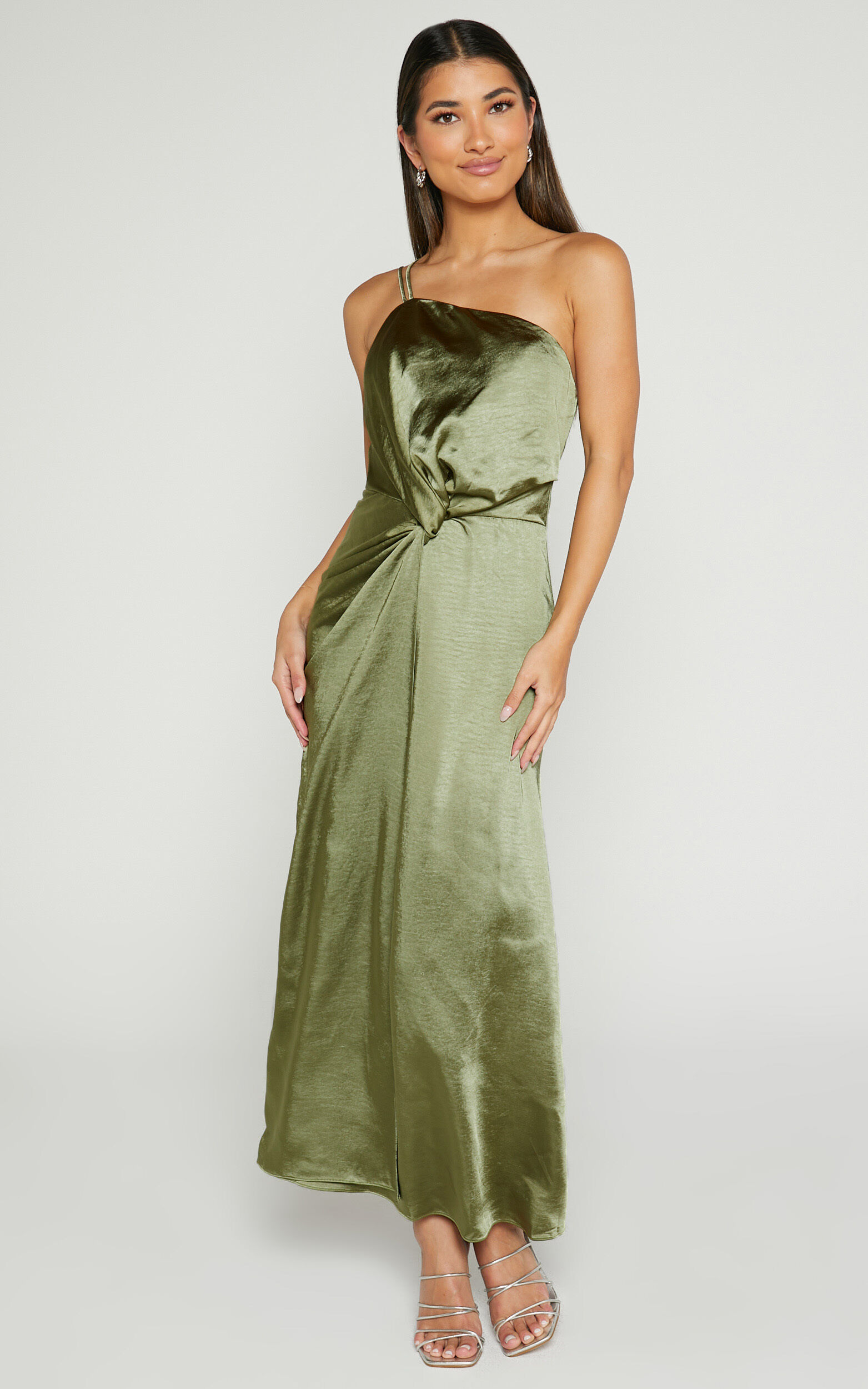 Estelle Midi Dress - One Shoulder Thigh Split Dress in Olive