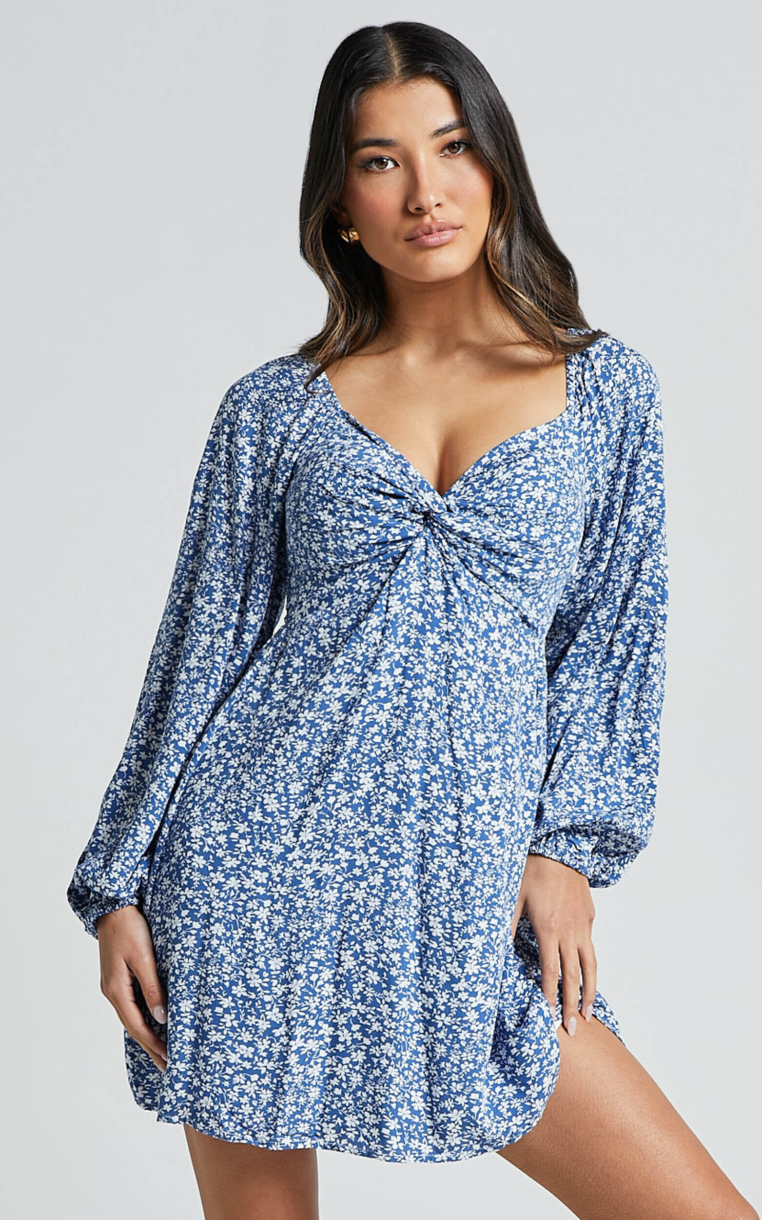 Ellison Mini Dress - 3/4 Sleeve Twist Bodice Dress in Blue Floral