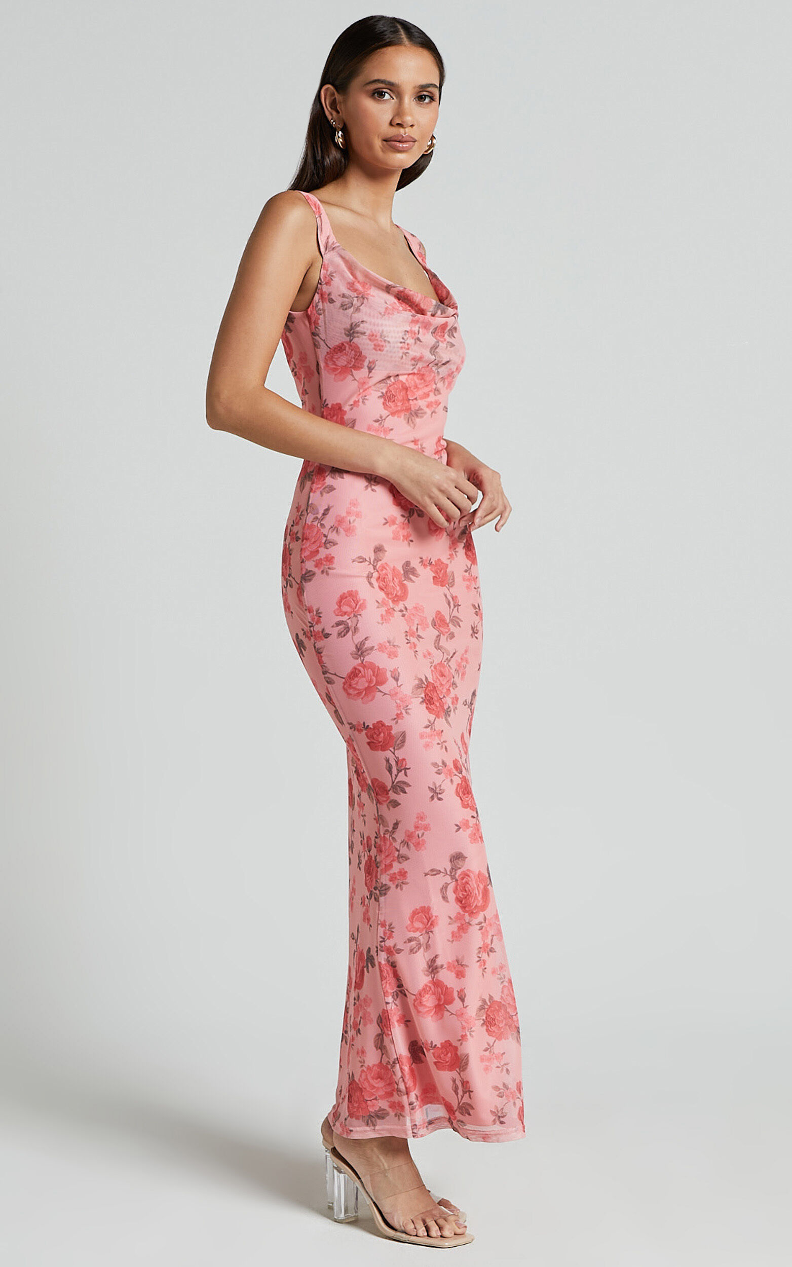 Nadine Maxi Dress - Cowl Neck Low Back Mesh Slip Dress in Pink Floral