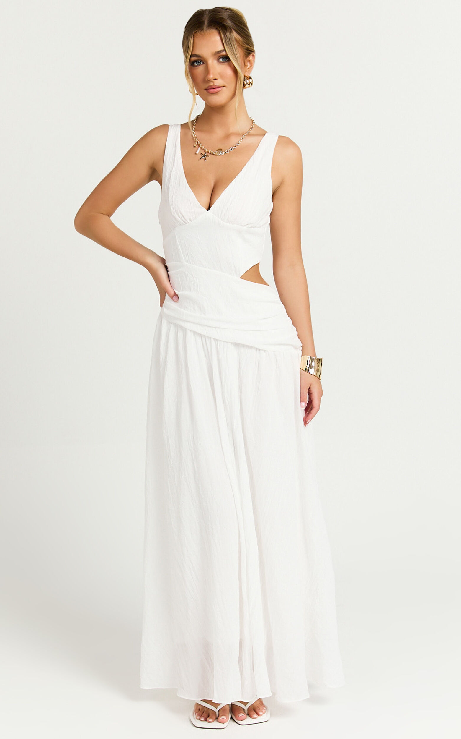 Avonneh Maxi Dress - V Neck Drop Waist Dress in White