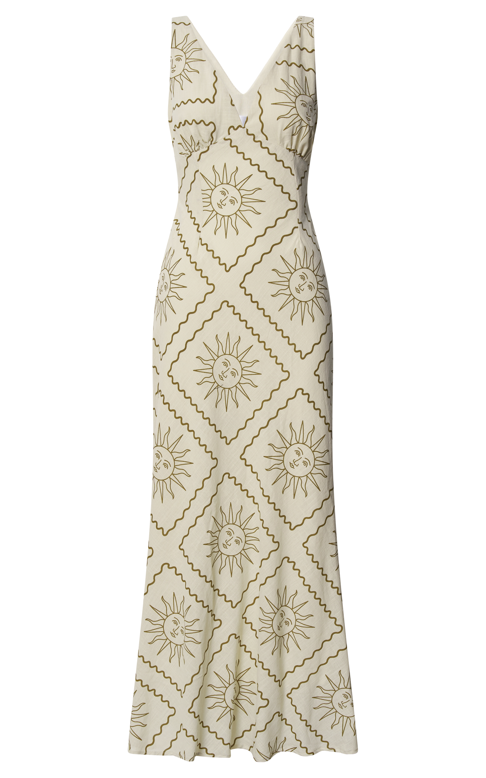 Sharlyn Midi Linen Dress - Deep V Neck Sleeveless Slip Dress in Beige Sun Print