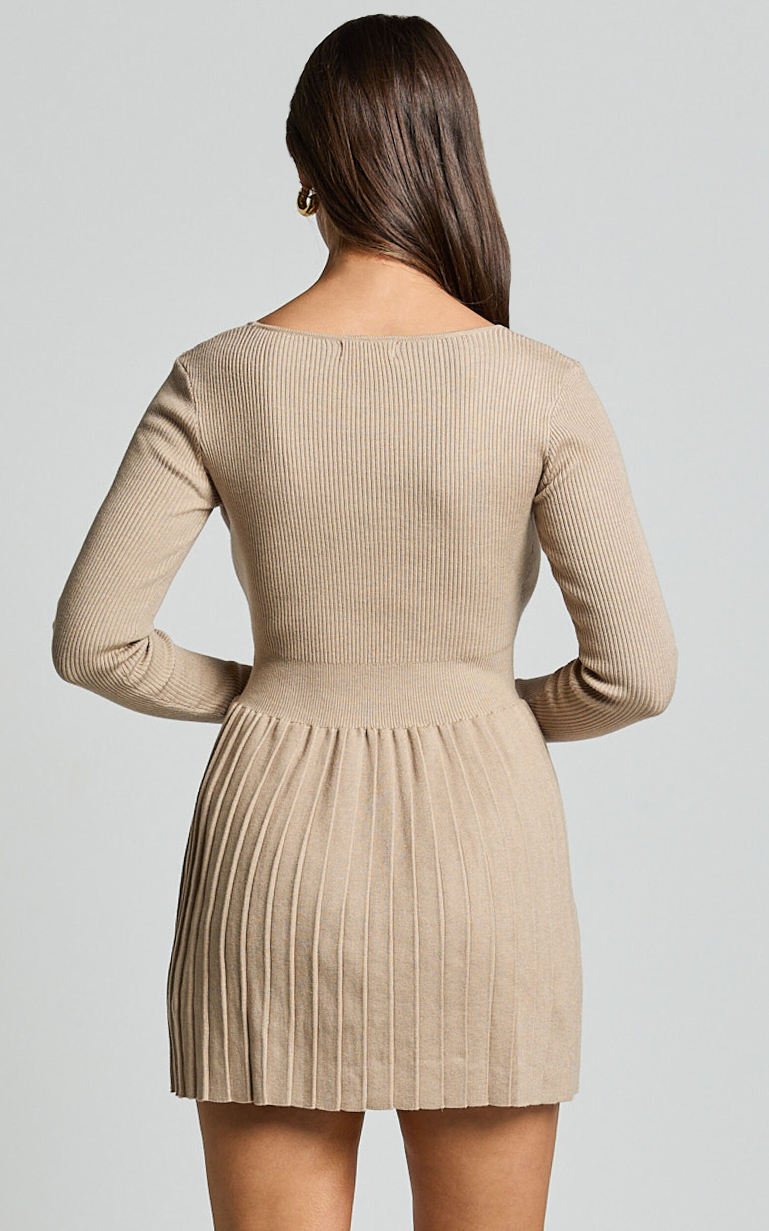 Andi Mini Dress - Long Sleeve A Line Pleated Knit Mini Dress in Beige