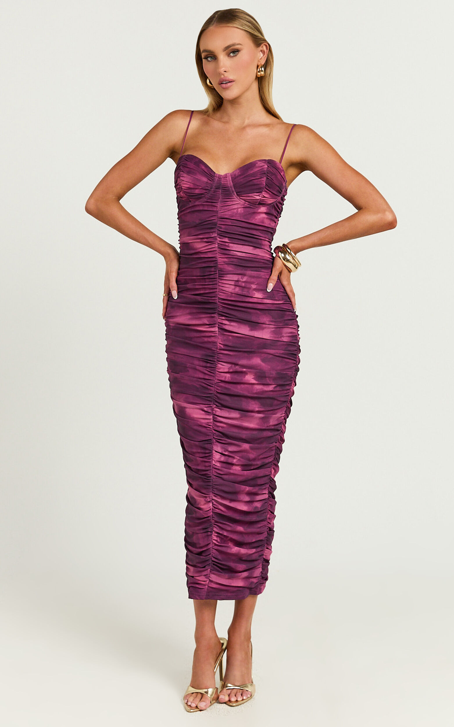 Leanor Midi Dress - Mesh Ruched Bustier Bodycon Dress in Purple Fields