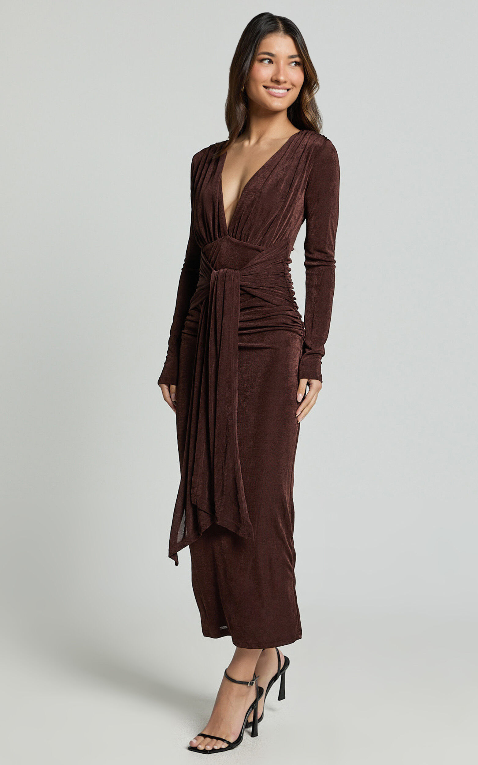 Melanie Midi Dress - Plunge Long Sleeve Tie Front Dress in Chocolate