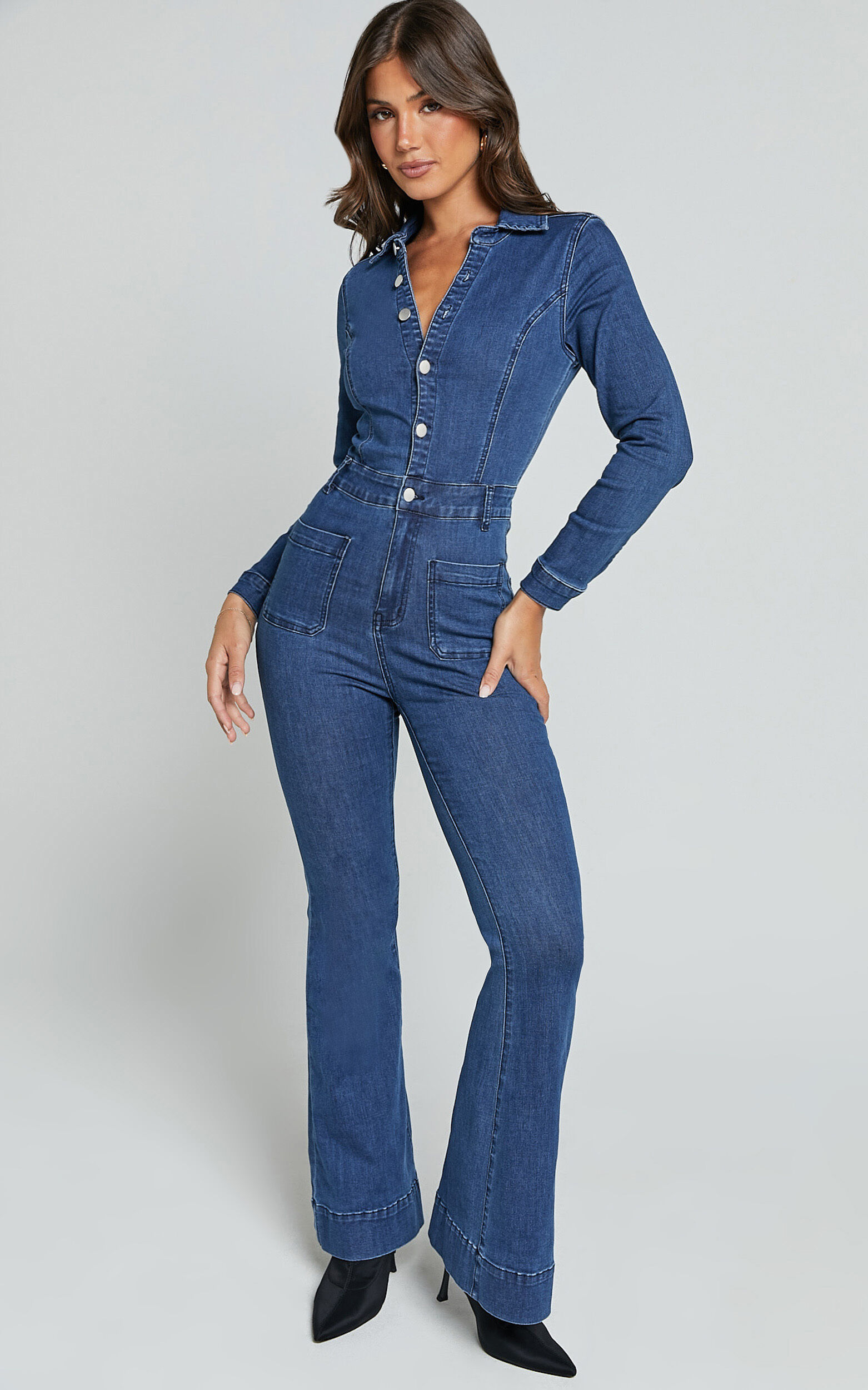 Vivi Jumpsuit - Button Front Wide Leg Denim Jumpsuit in Indigo Wash