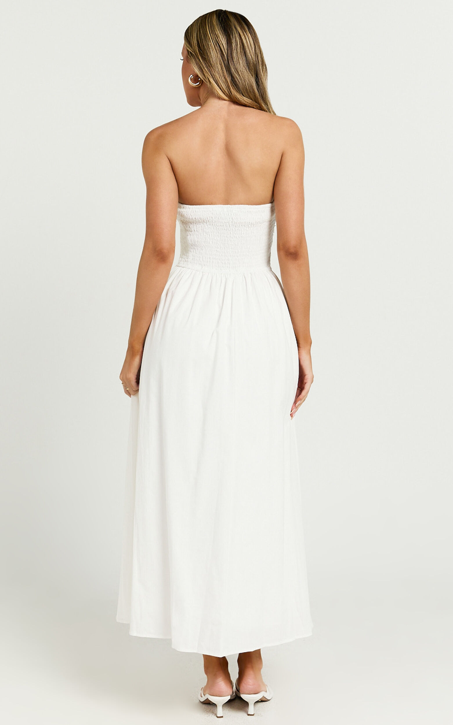 Polly Midi Dress - Strapless Ruched Dress in White