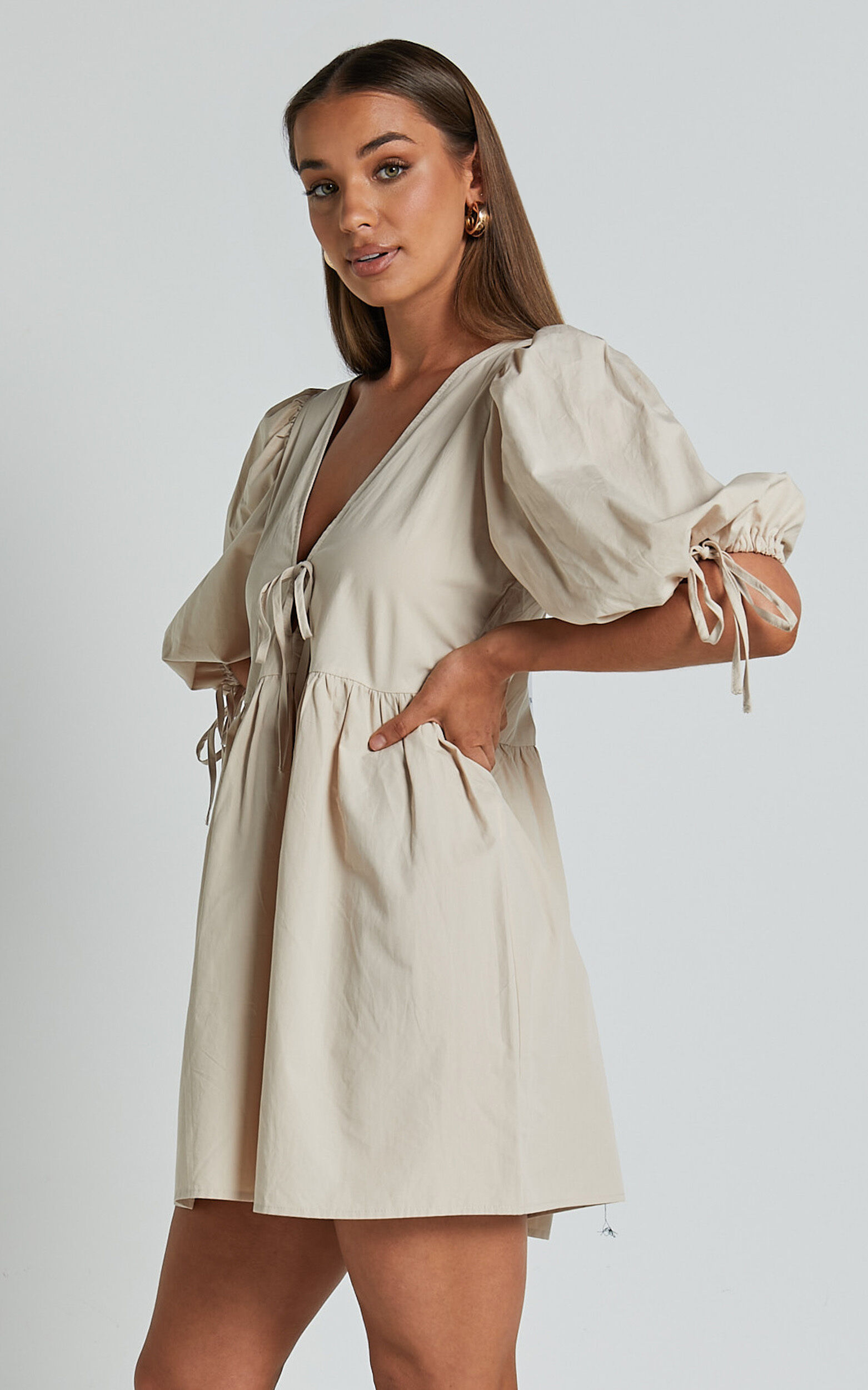 Rosita Mini Dress - Tie Front Puff Sleeve Dress in Stone