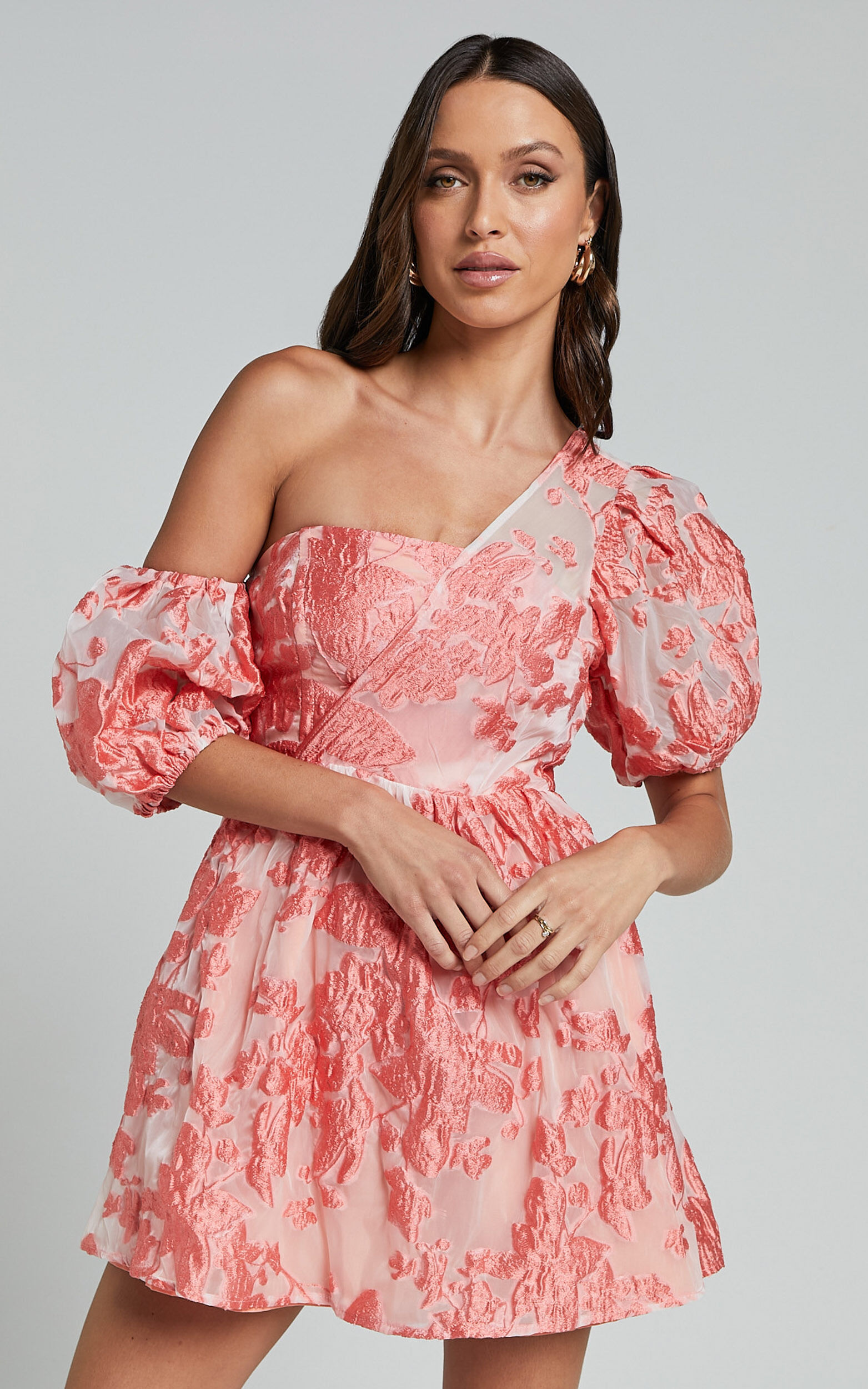 Charrie Mini Dress - One Shoulder Puff Sleeve Dress in Peach Jacquard