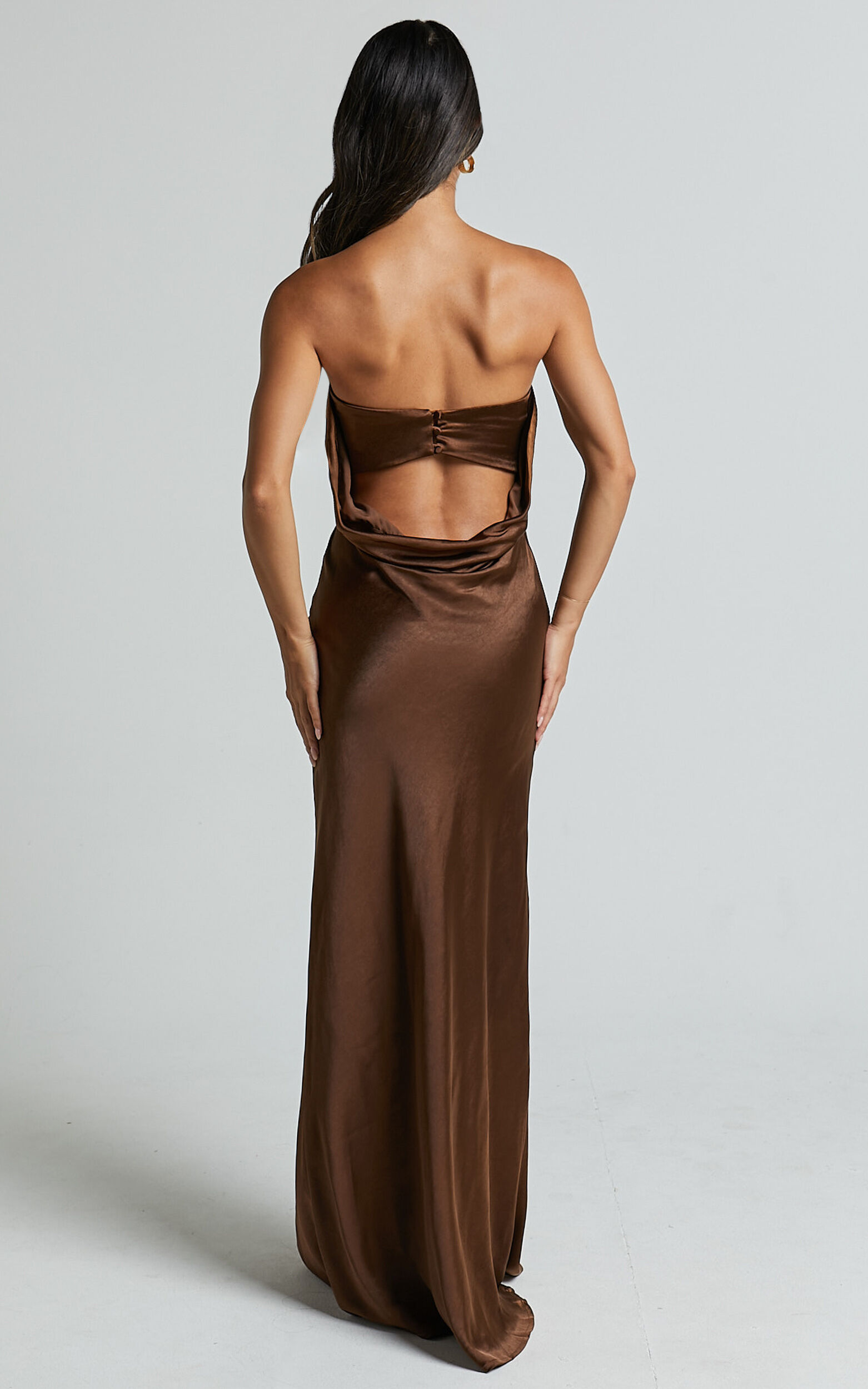 Charlita Maxi Dress - Strapless Cowl Back Satin Dress in Chocolate