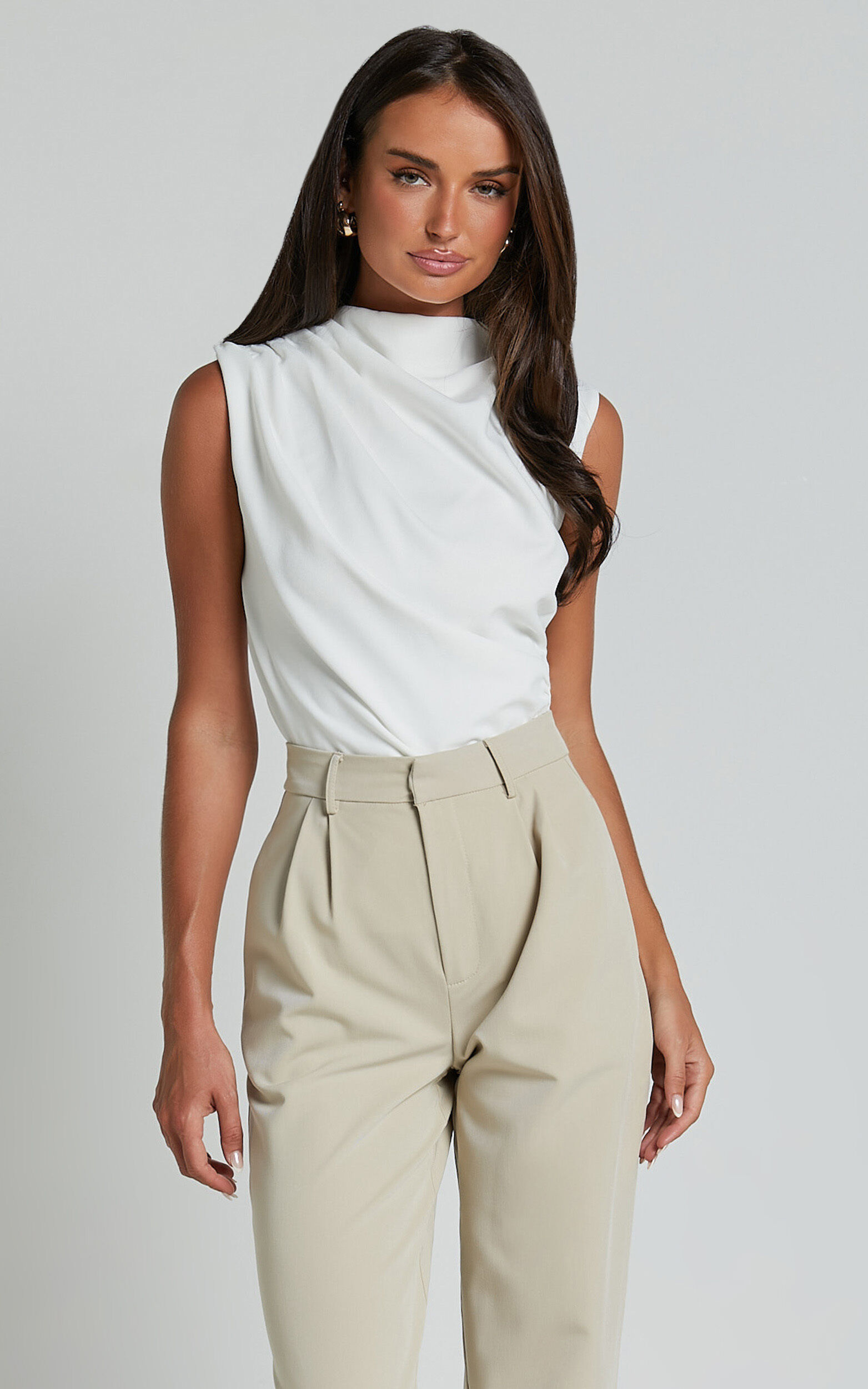 Erin Top - Jersey Crepe High Neck Asymmetric Tank in White